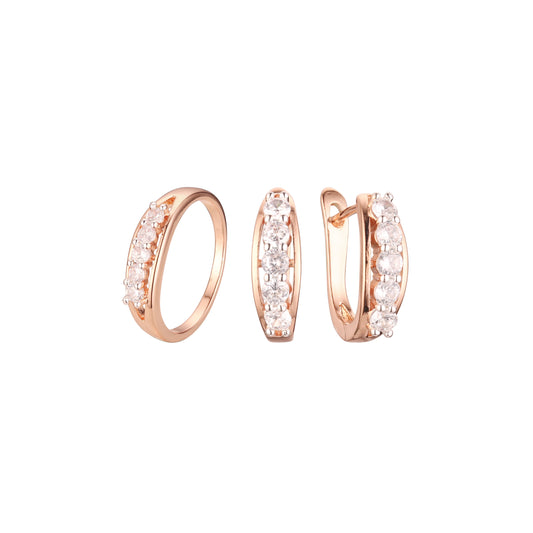 Juego de joyas de anillos de racimo de circonita cúbica de dos tonos y cinco piedras de oro rosa