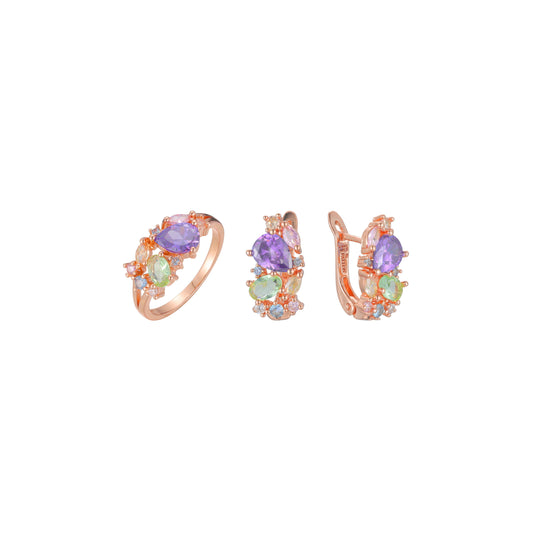 Colorido y lujoso conjunto de joyas de anillos de racimo de piedras de colores mezclados chapado en colores de oro rosa