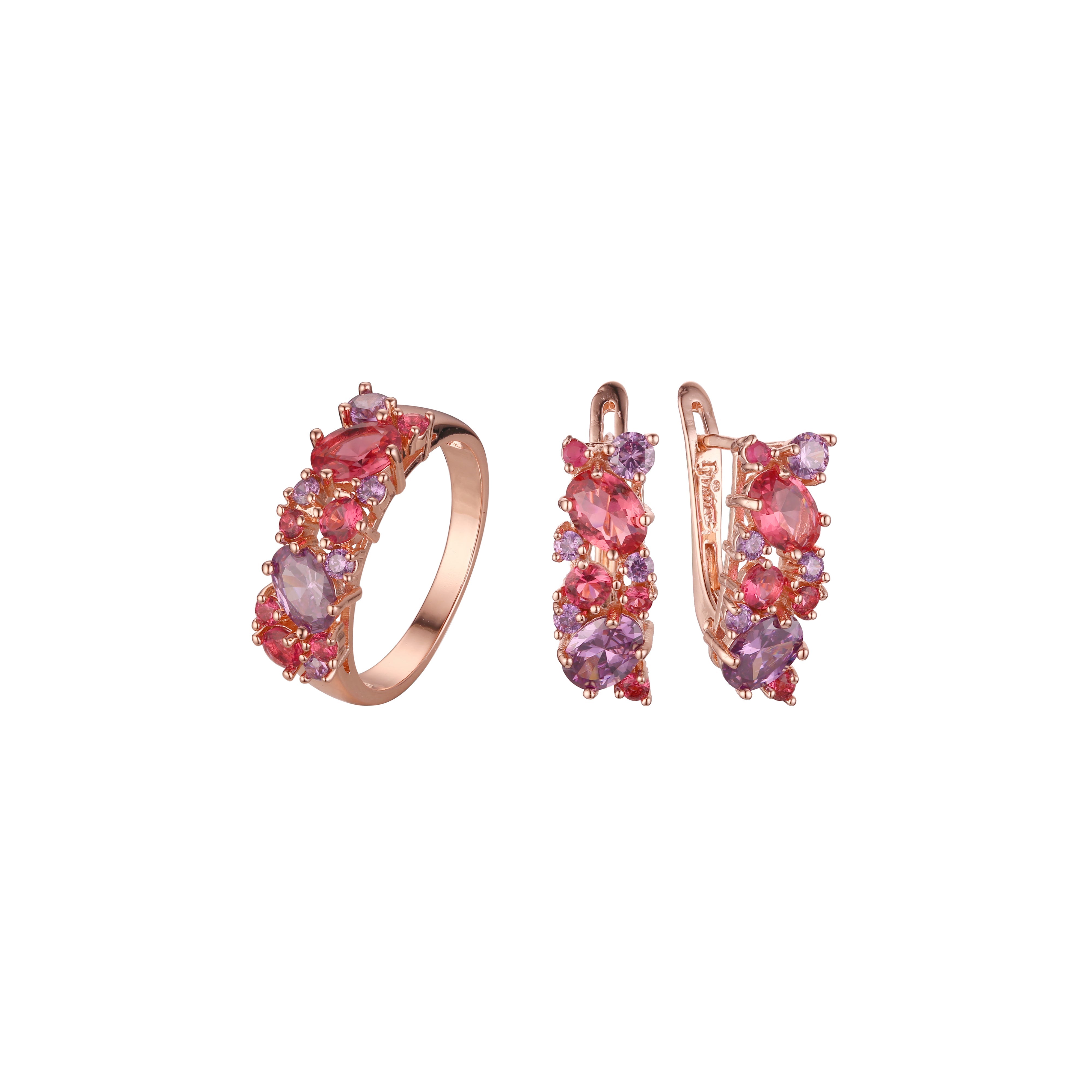 .Lujosos anillos de racimo de colores Conjunto de joyas de oro rosa