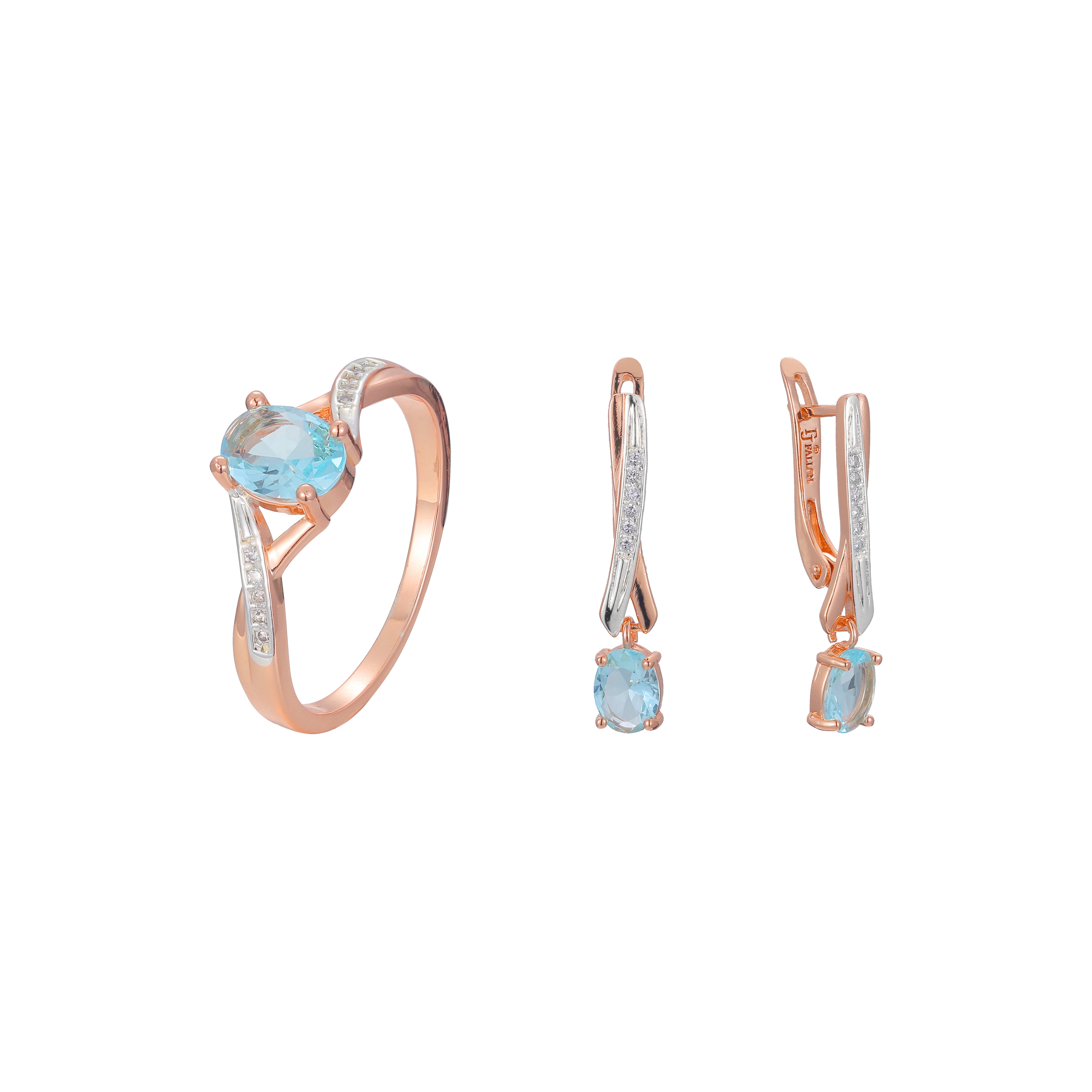 Juego de joyas de anillos de dos tonos de oro rosa CZ azul lago solitario