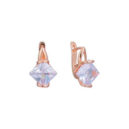公主方形切割 CZ 14K 金、玫瑰金耳环