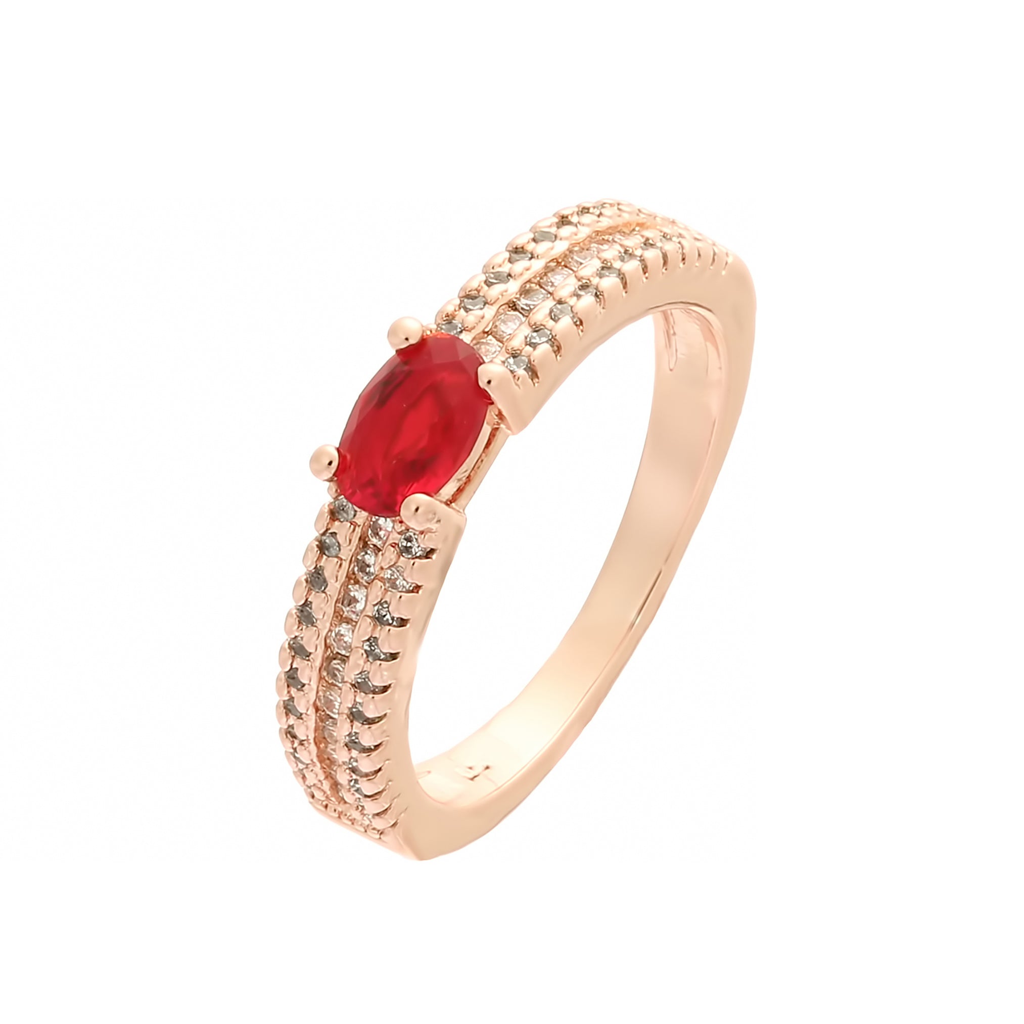 Solitario rojo de tres filas pavimentado con cz blanca Oro rosa, anillos de Oro 14K