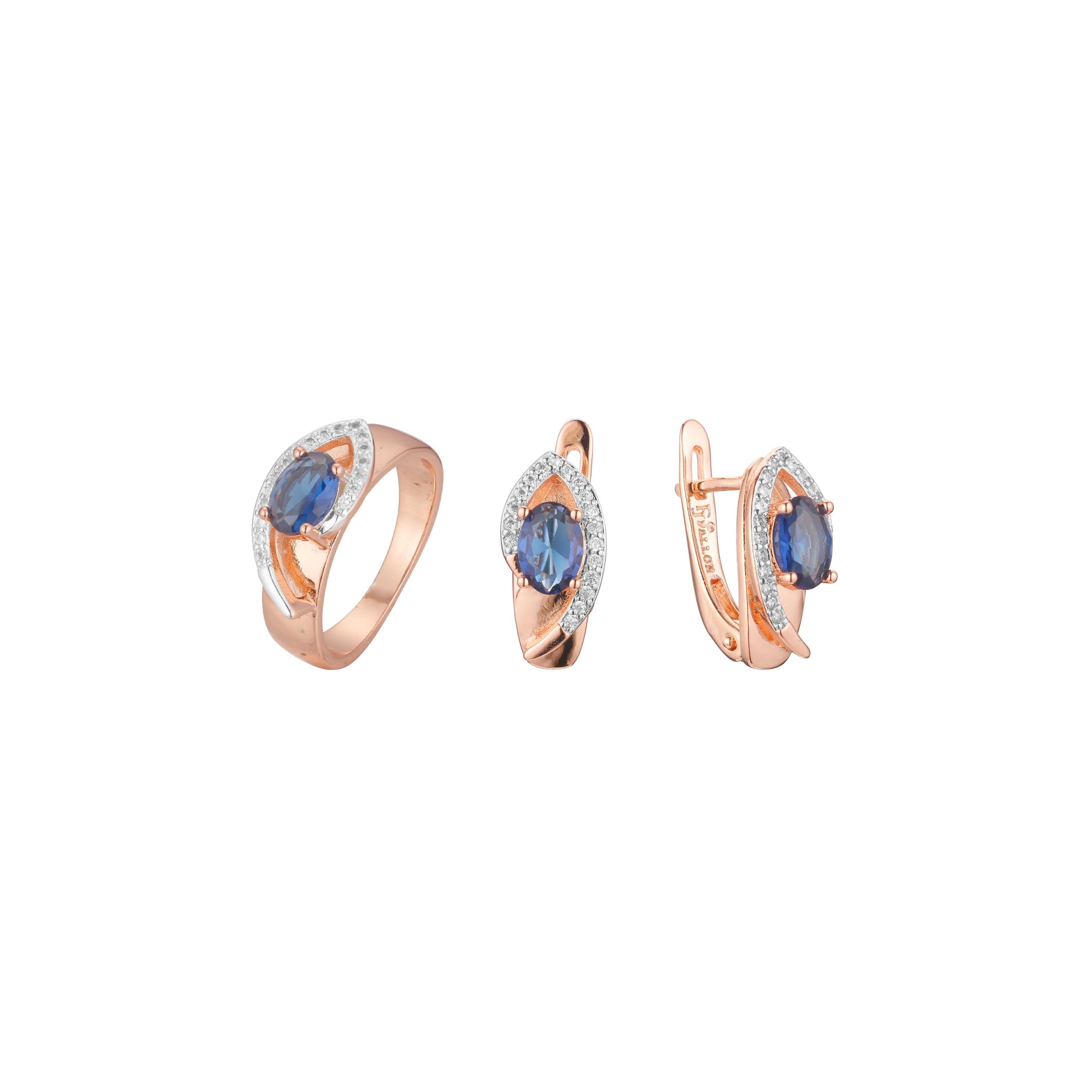 Solitario de piedra azul profundo de dos tonos de oro rosa engastado con adoquines