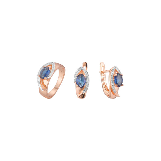 Solitario de piedra azul profundo de dos tonos de oro rosa engastado con adoquines
