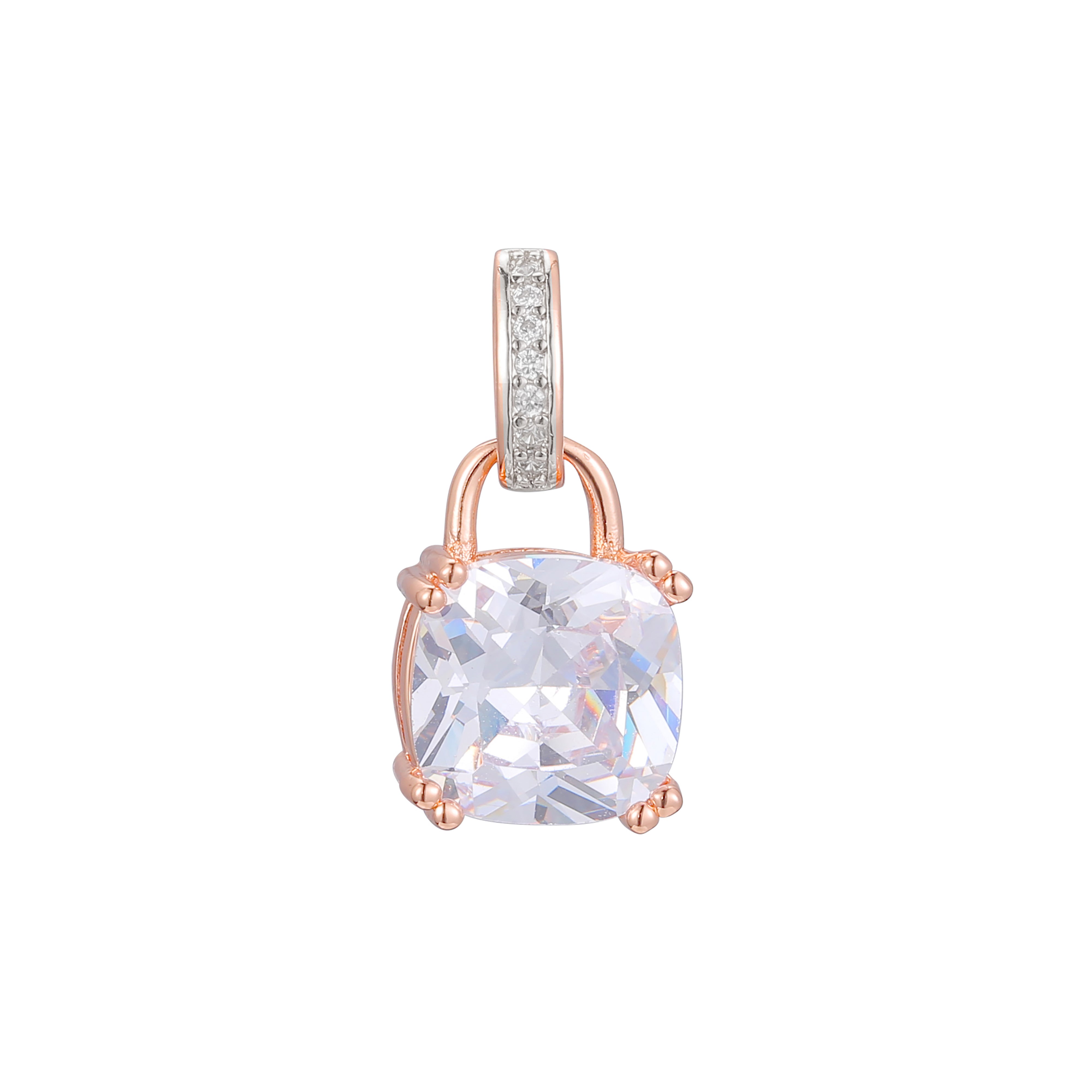 Colgante de oro rosa de dos tonos con circonita cúbica de talla cojín y solitario con candado, oro de 14 quilates