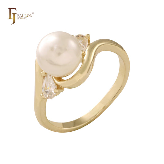 Perla solitaria con anillos de oro de 14 quilates con circonitas blancas
