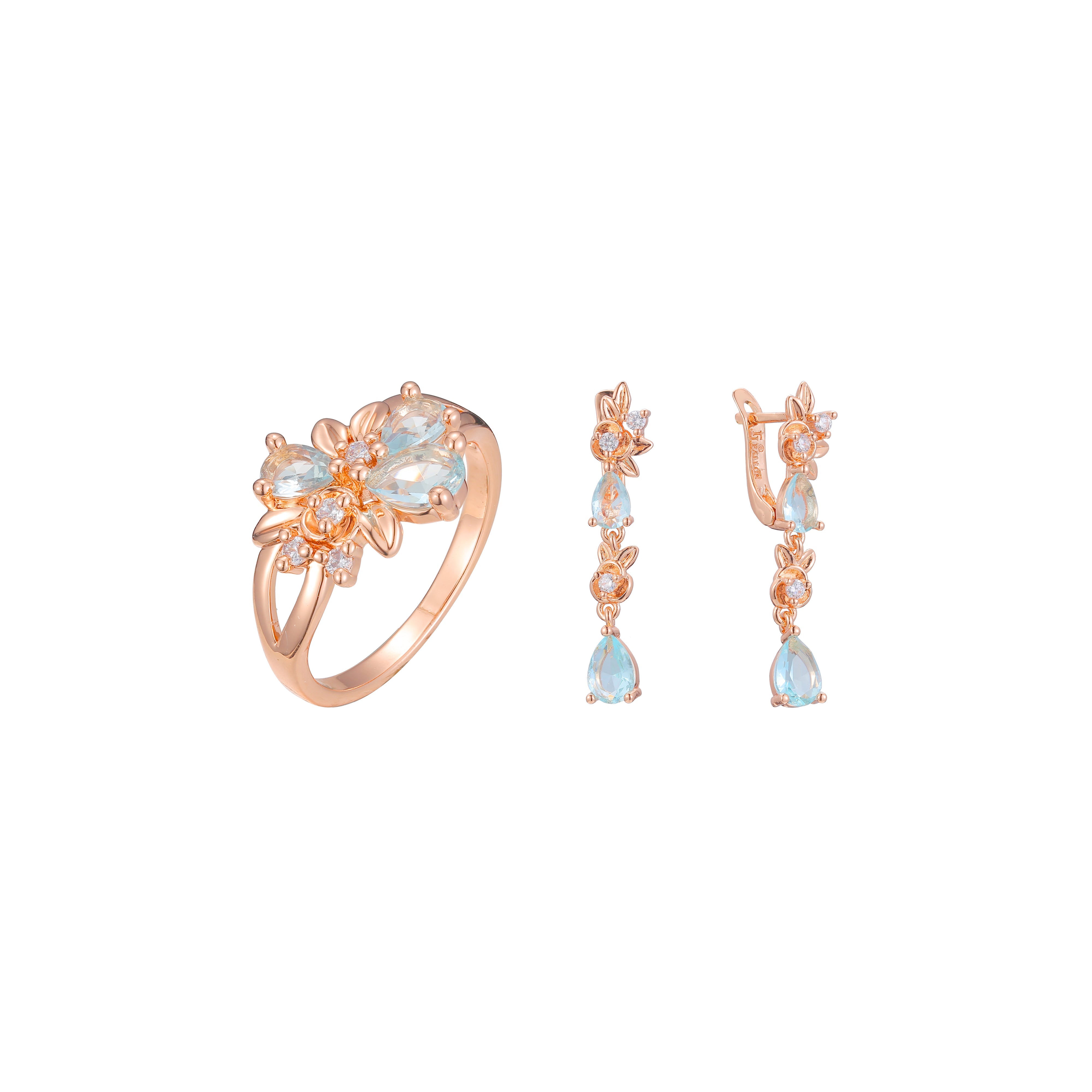 Lujoso conjunto de racimos de flores y hojas con anillos en oro rosa, dos colores de baño de tono