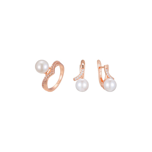 Conjunto de anéis de pérolas solitárias com pedras pavimentadas banhado em ouro rosa