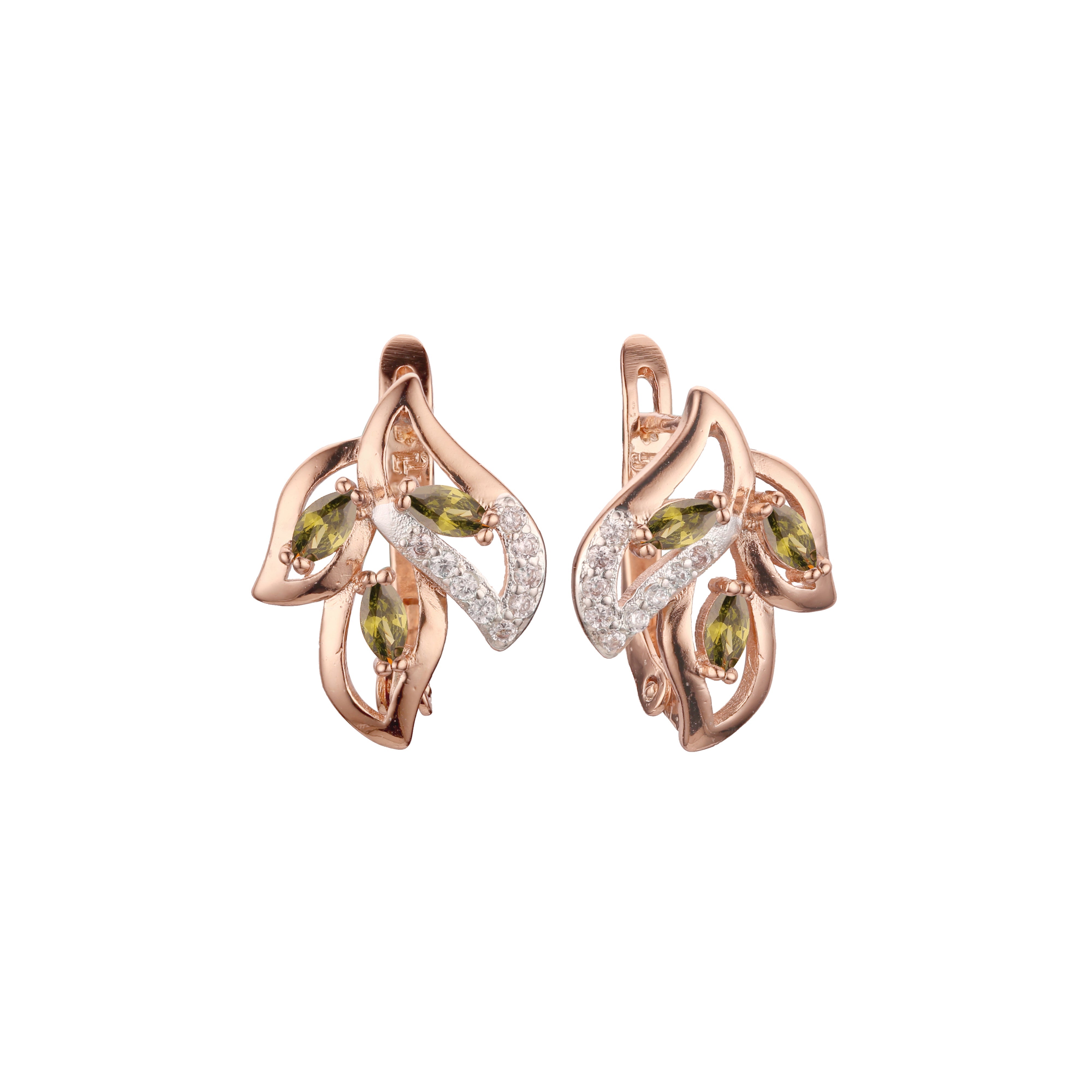 Aretes de circonitas coloridas en racimo de tres hojas en Oro 14K, oro rosa, dos tonos de colores