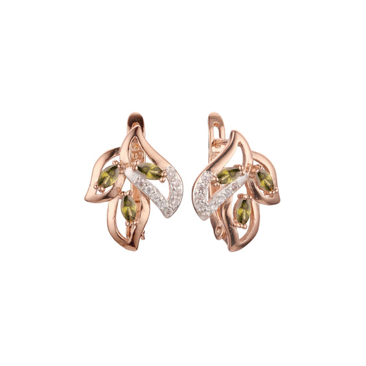 Aretes de circonitas coloridas en racimo de tres hojas en Oro 14K, oro rosa, dos tonos de colores