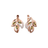 Aretes de circonitas coloridas en racimo de tres hojas en Oro 14K, oro rosa, dos tonos de colores