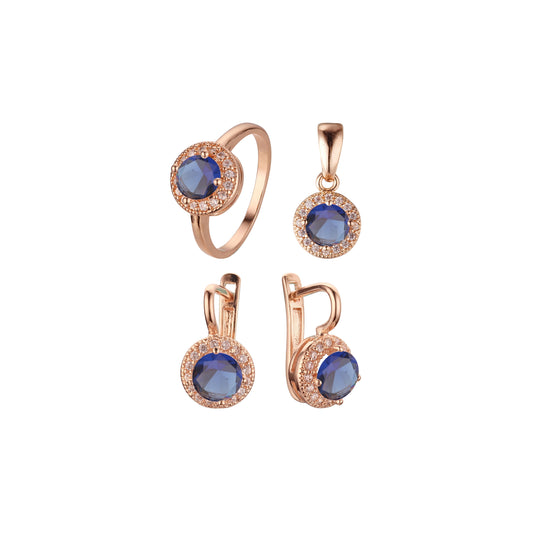 Halo de Rosa: Conjunto de anillos y colgante chapados en oro rosa con halo de circonitas cúbicas redondas y grandes.