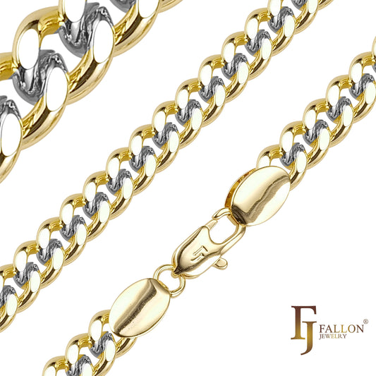 .Correntes clássicas com elos cubanos estilo Miami banhadas em ouro branco, ouro 14K, SF em dois tons