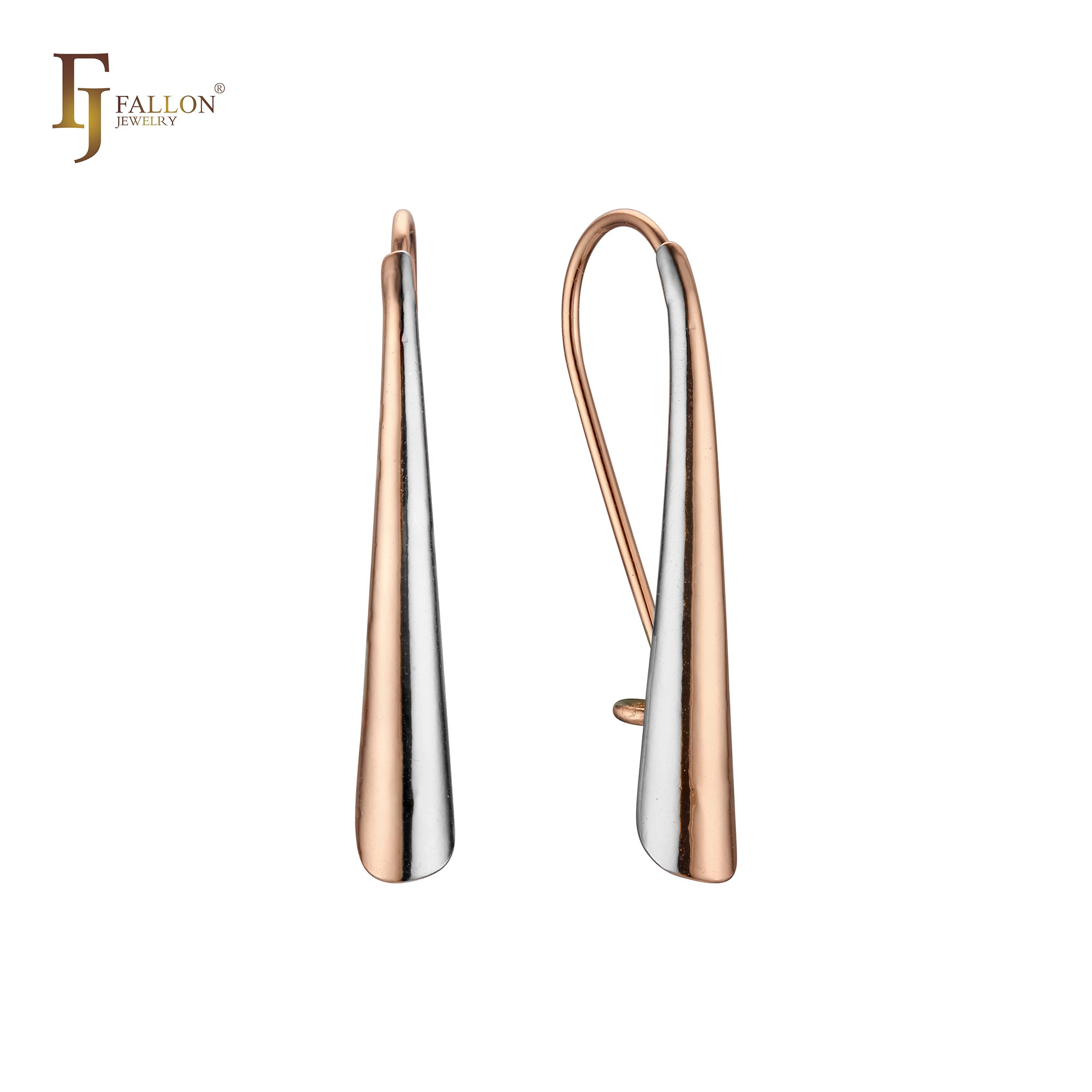 Pendientes de barra larga con gancho geométrico de alambre en oro rosa, oro de 14 quilates y oro blanco.