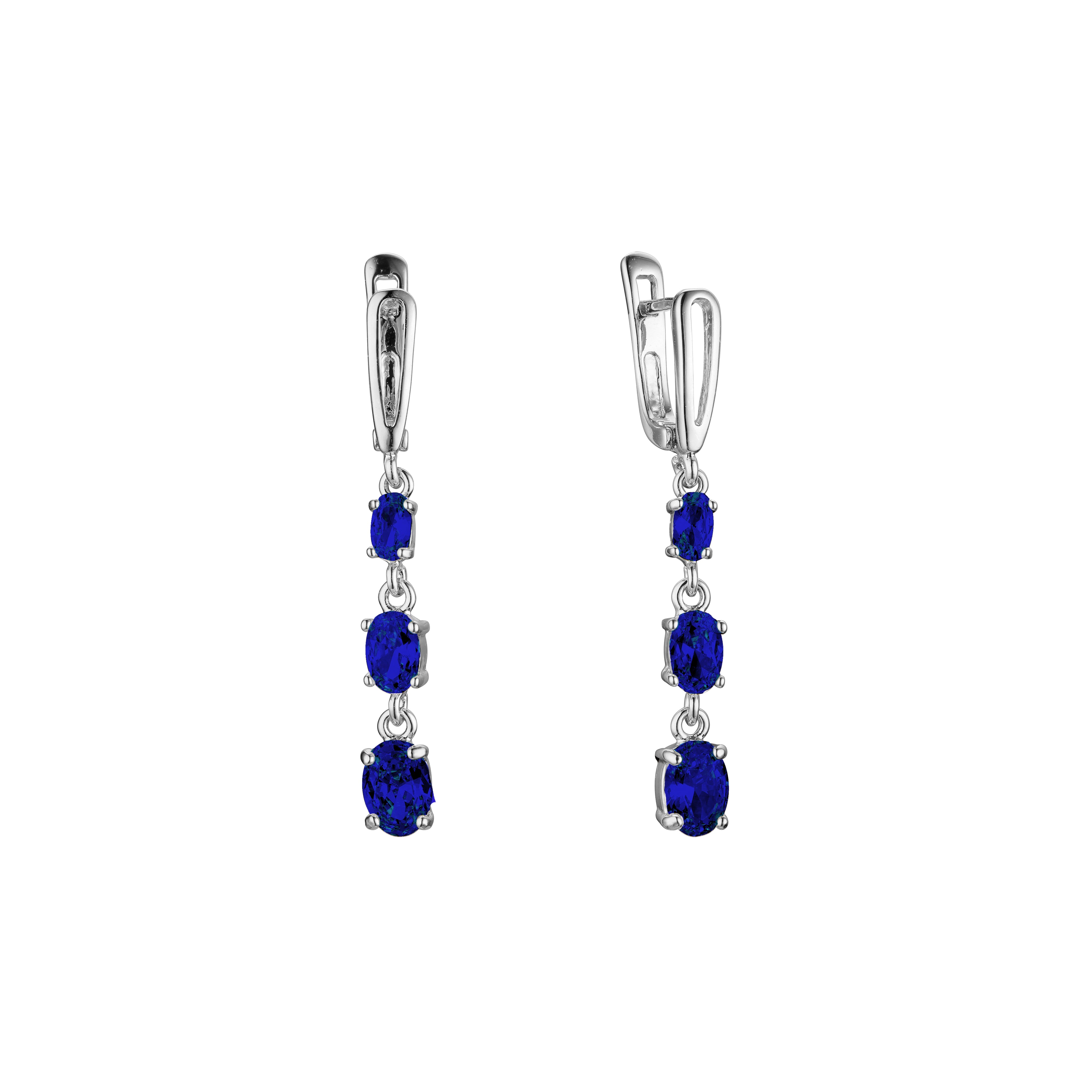 Aretes colgantes de tres piedras con circonitas de colores en Oro 14K, baño de oro rosa en colores