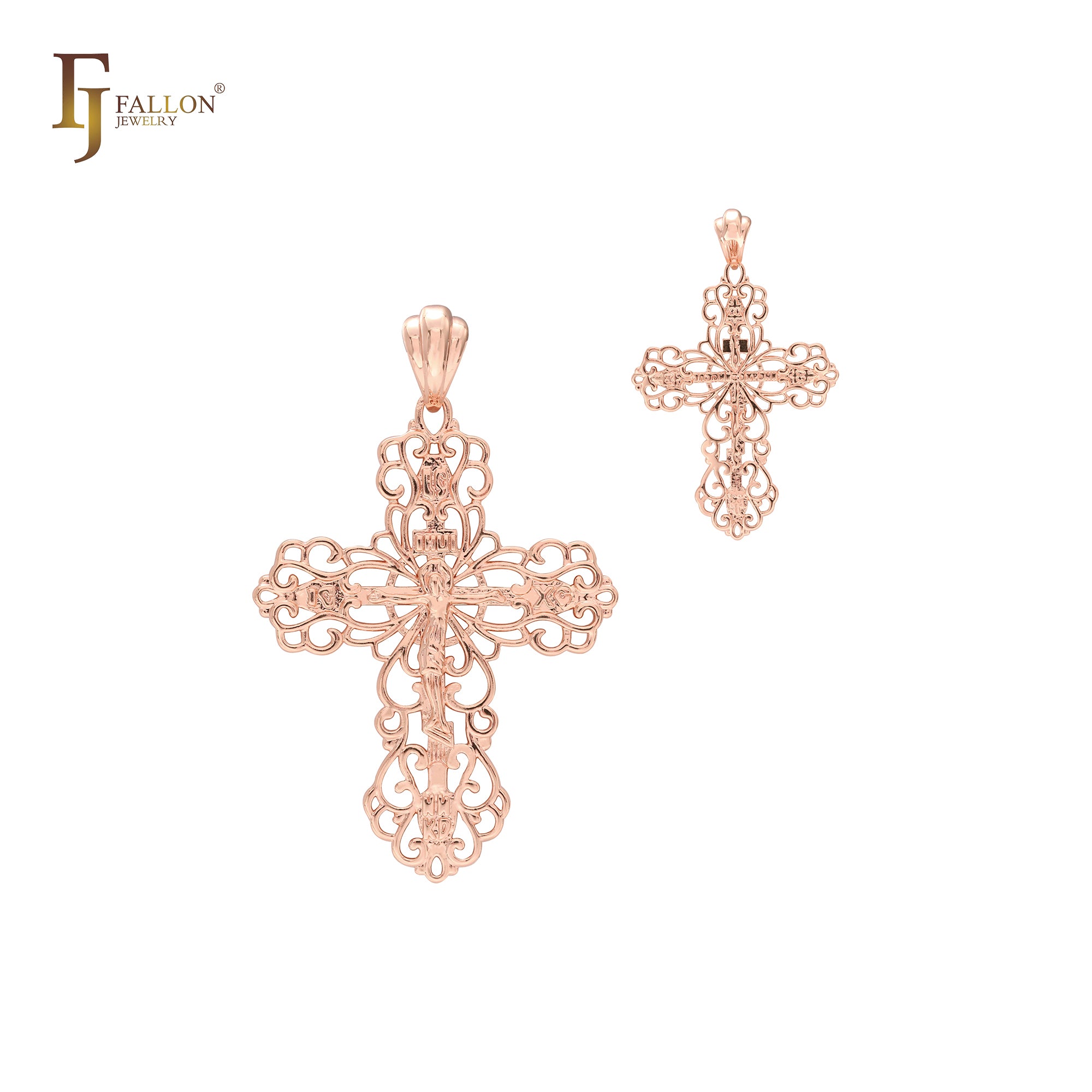Crucifijo de cruz rusa ortodoxa con textura de filigrana de oro de 14 quilates, oro rosa, colgante de cruz de oro blanco