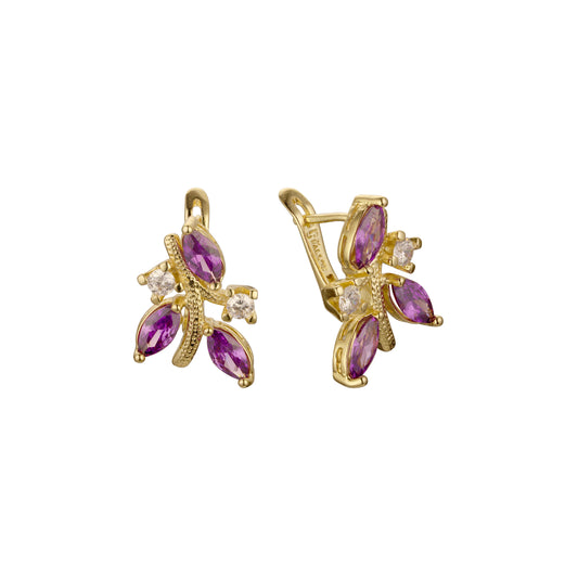 Pendientes de oro rosa de 14 quilates con hojas en rama y circonitas cúbicas