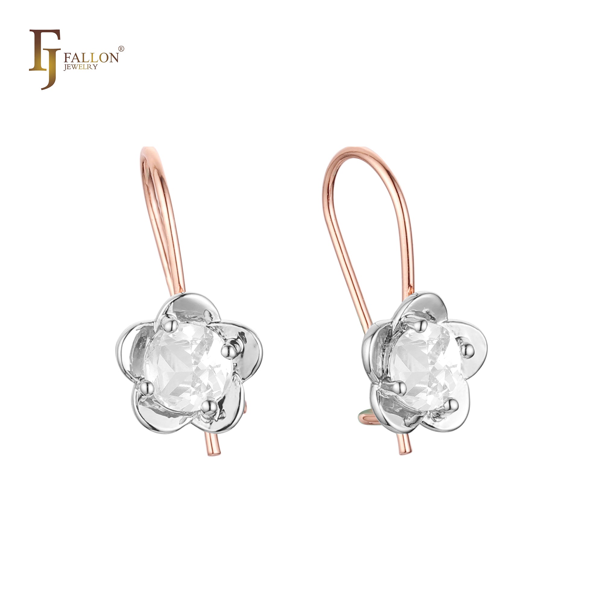 Pendientes de oro rosa de dos tonos con solitario de circonita cúbica redonda y gancho de alambre