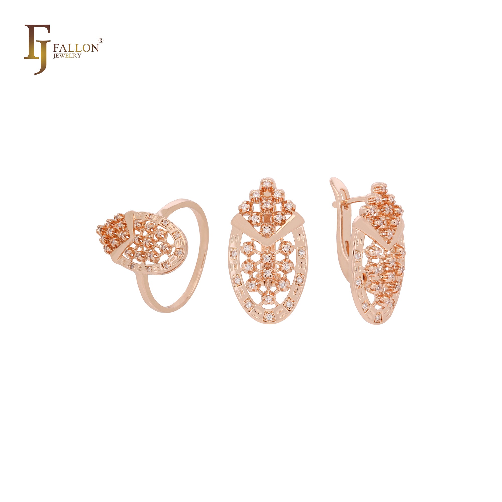 Conjunto de joyas de oro rosa con anillos y circonitas blancas en forma ovalada con textura de filigrana