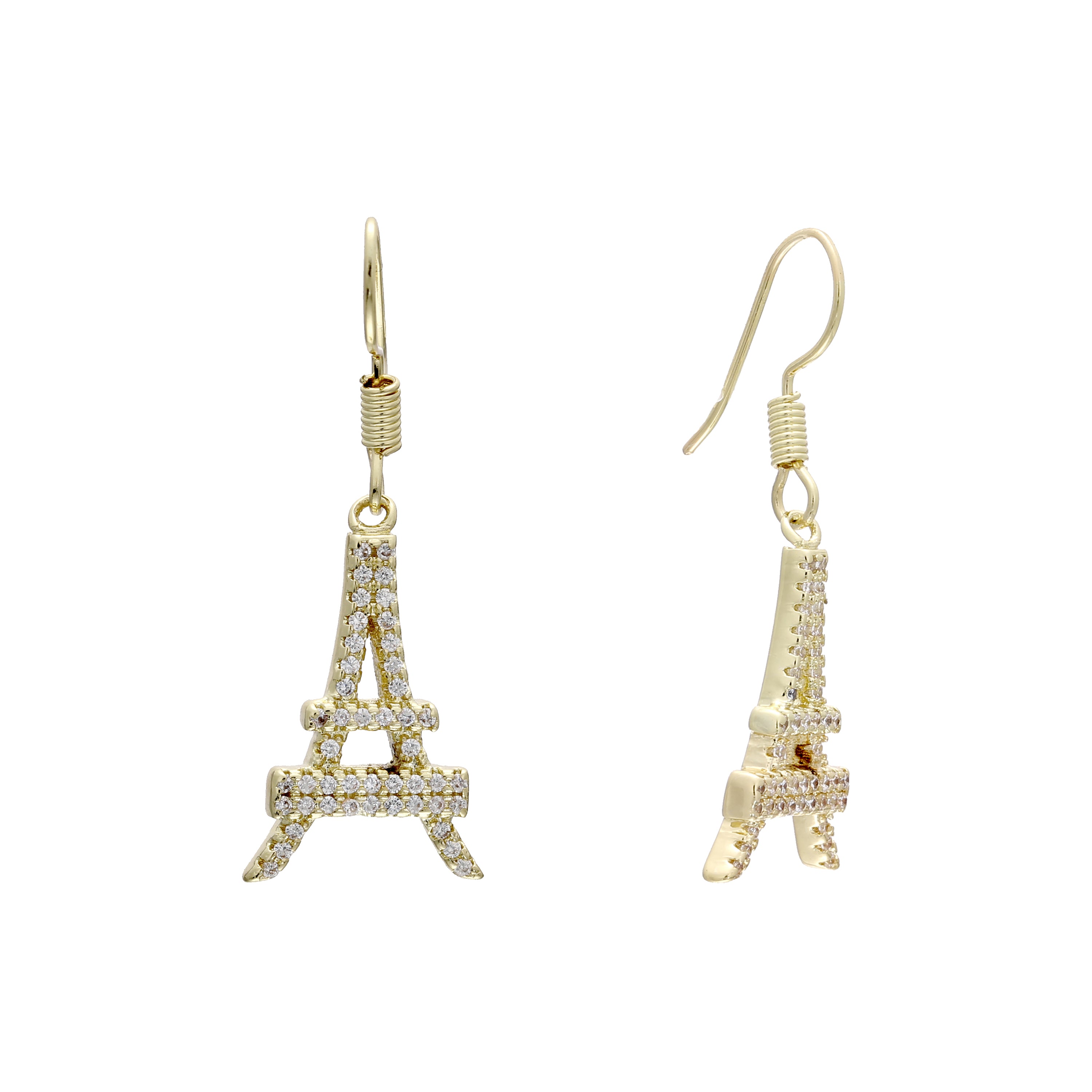Pendientes de Oro 14K con gancho de alambre pavimentado de la torre Eiffel de París