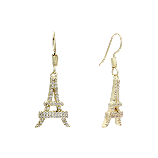 Pendientes de Oro 14K con gancho de alambre pavimentado de la torre Eiffel de París