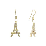 Pendientes de Oro 14K con gancho de alambre pavimentado de la torre Eiffel de París