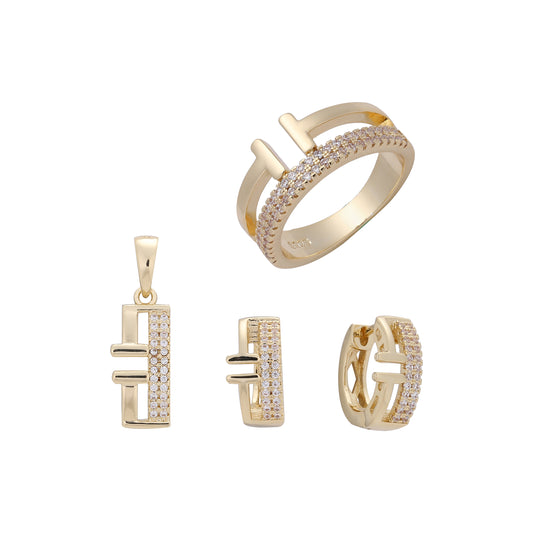 Anillos y colgante de circonita cúbica blanca pavimentados medio abiertos Oro 14K, conjunto de joyas de oro rosa