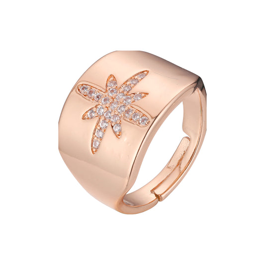 Anillos abiertos de oro rosa y oro de 14 quilates con estrella de flores de circonitas blancas de racimo ancho