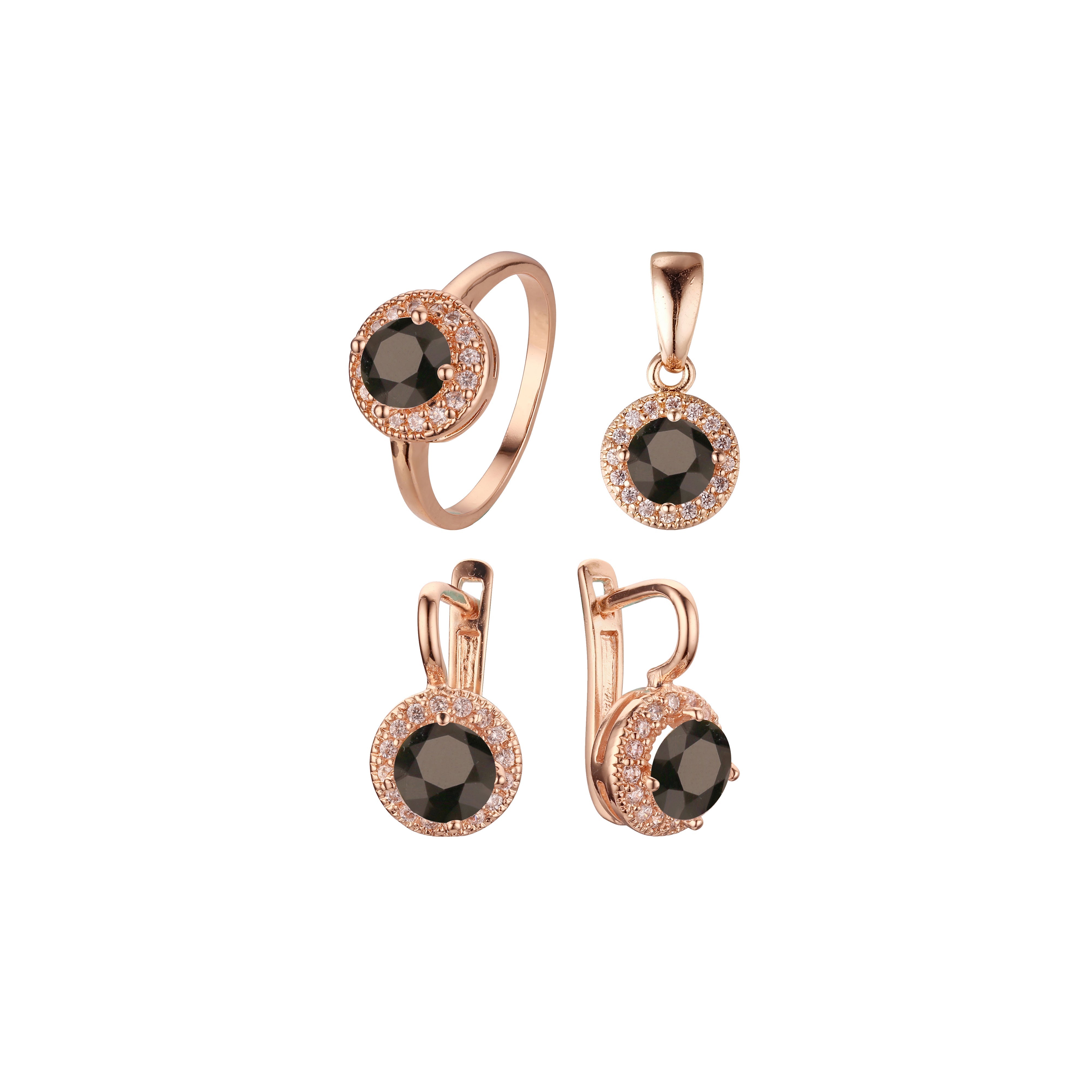 Conjunto de joyería con colgante y anillos chapados en oro blanco con halo de circonitas cúbicas de gran tamaño y forma redonda.