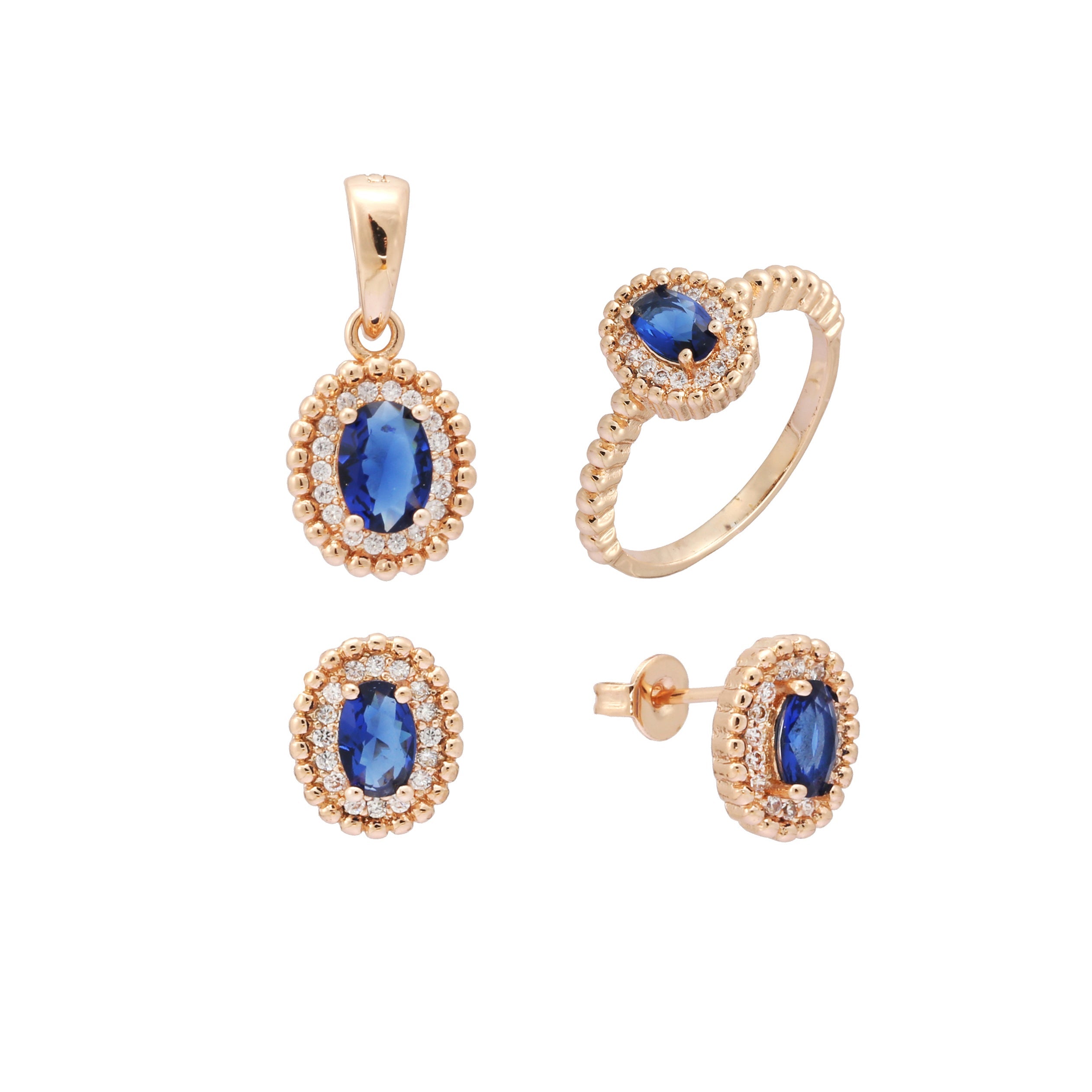 Juego de anillos y colgantes con halo de piedras grandes chapados en oro rosa