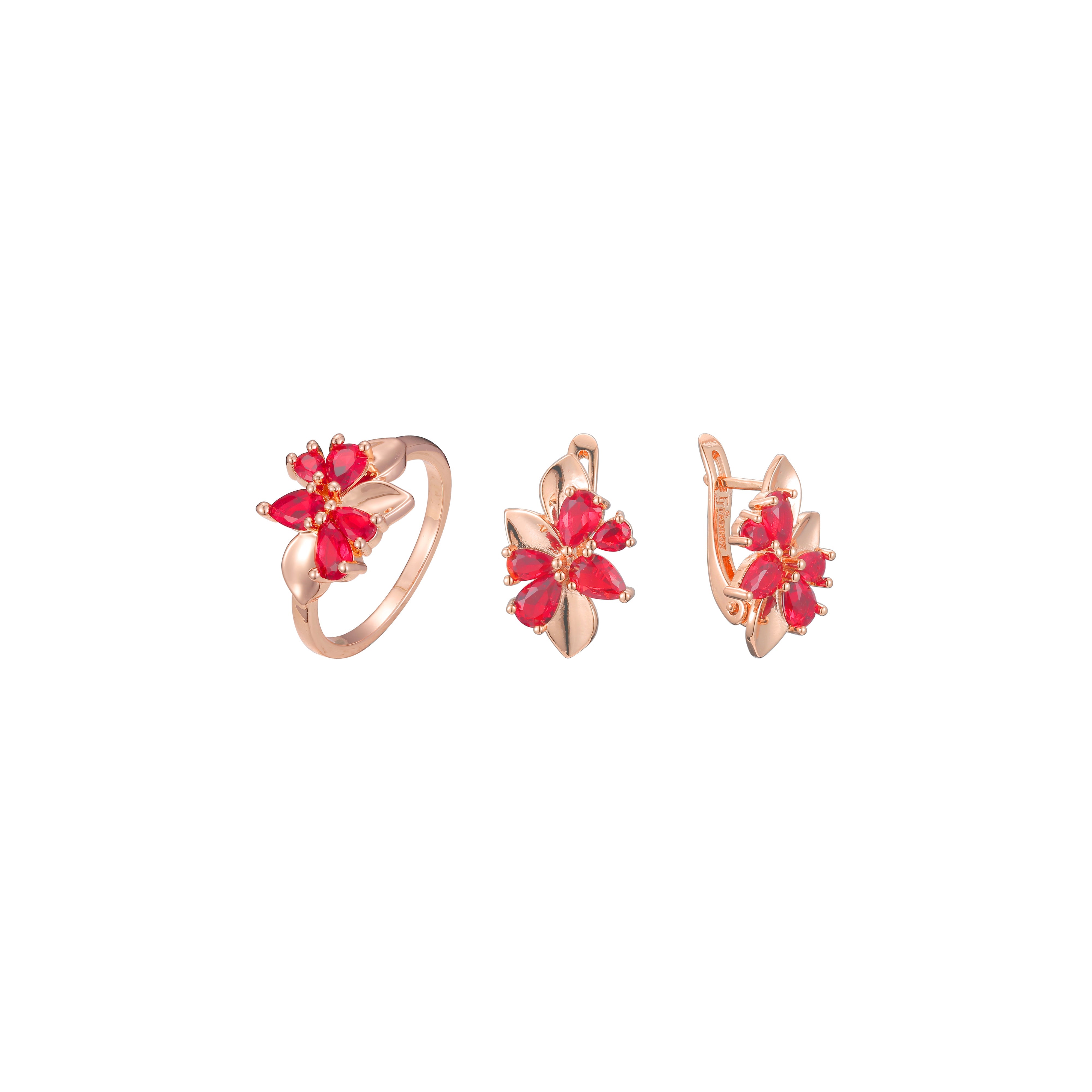 Conjunto de flores y hojas rojas en racimo de oro rosa