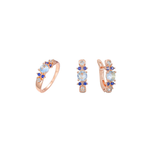 Conjunto de racimo de piedras azules mixtas de oro rosa
