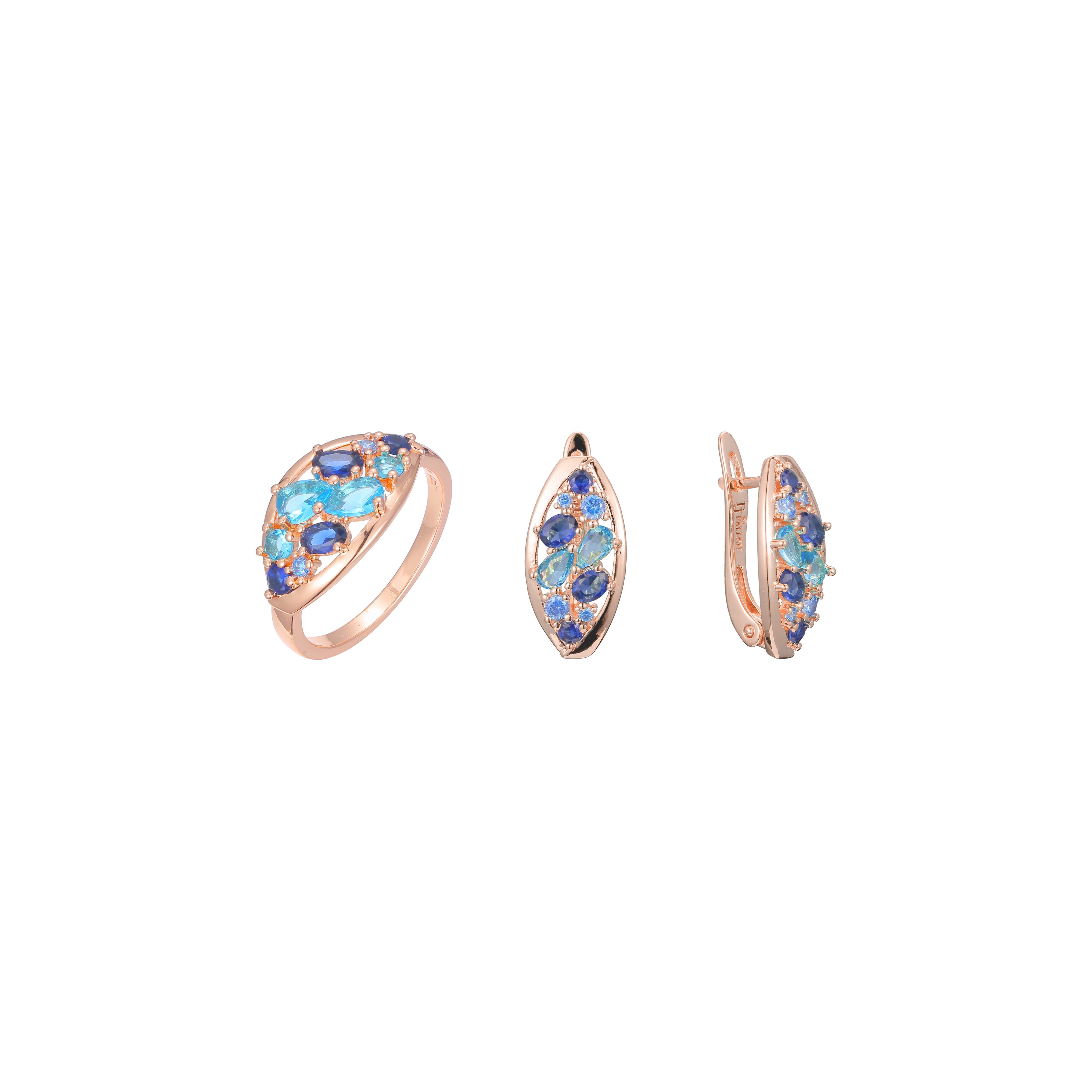 Conjunto de racimo de piedras azules mixtas de oro rosa