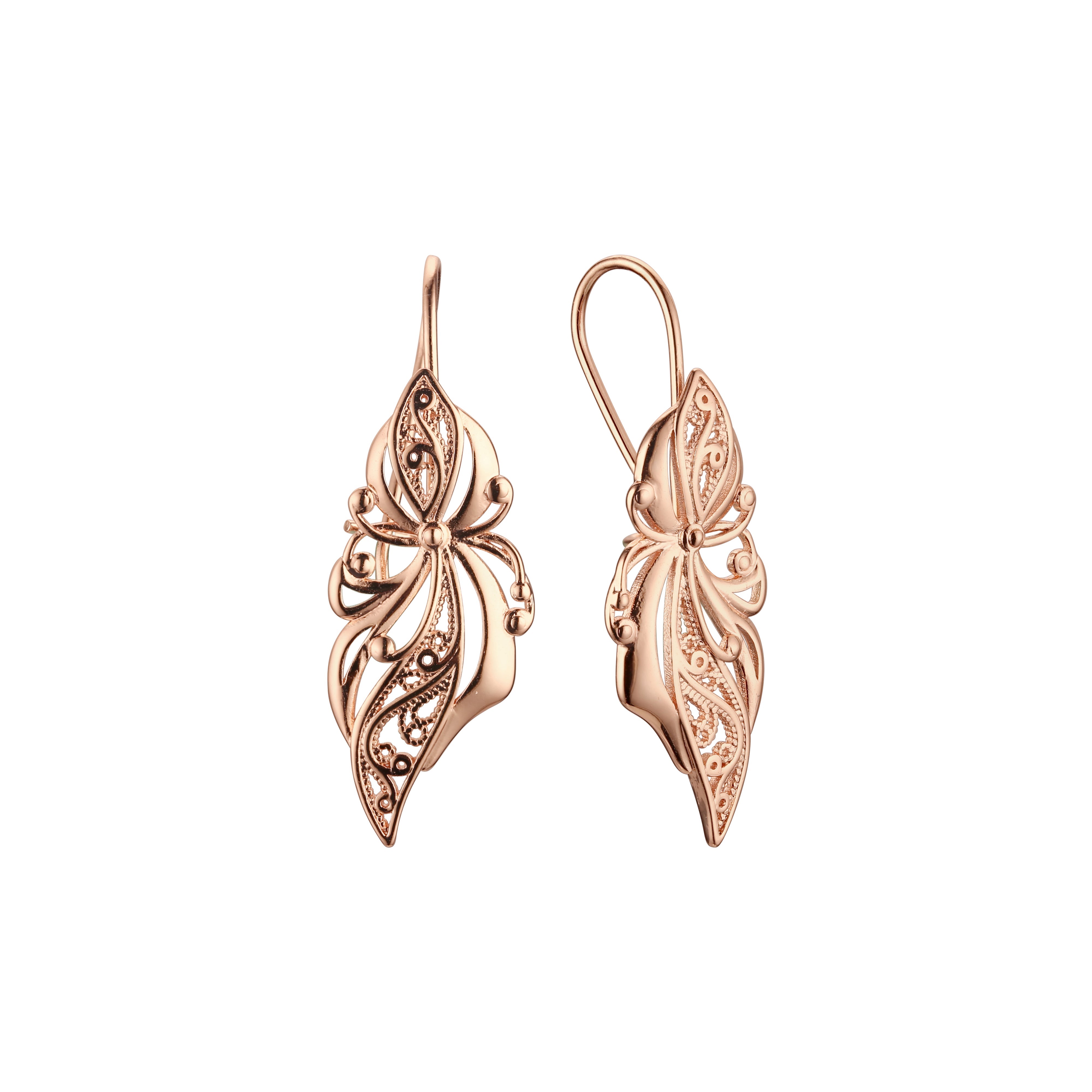 .Pendientes de gancho de alambre de flores en oro rosa, baños de dos colores