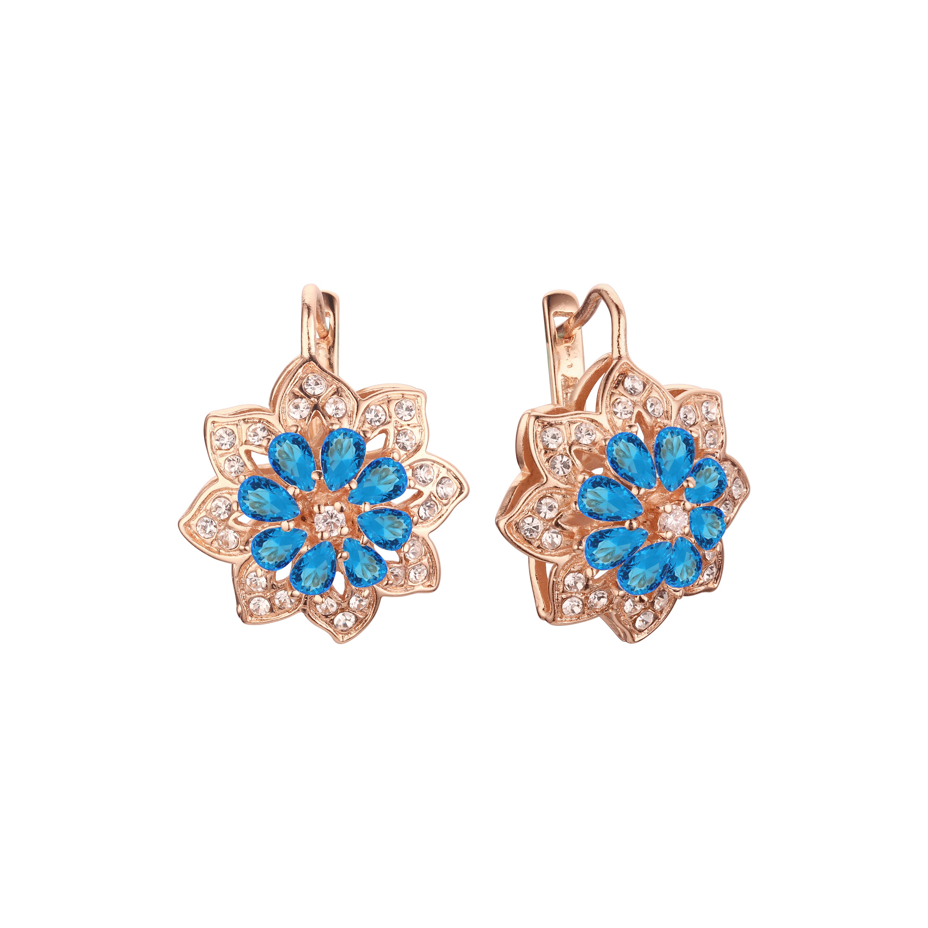Aretes de flor de racimo de girasol en colores de baño de Oro 14K, oro blanco, oro rosa