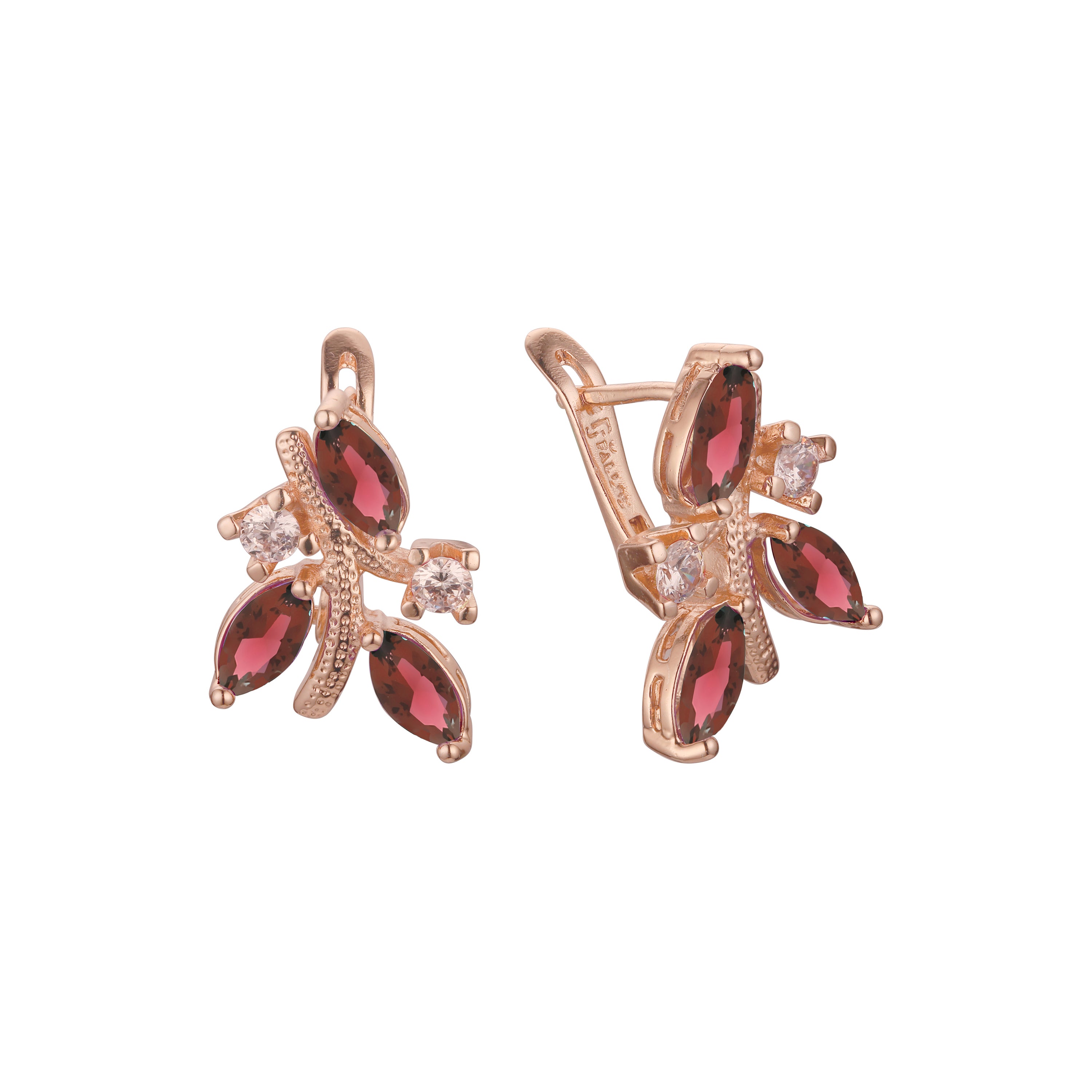 Pendientes de oro rosa de 14 quilates con hojas en rama y circonitas cúbicas