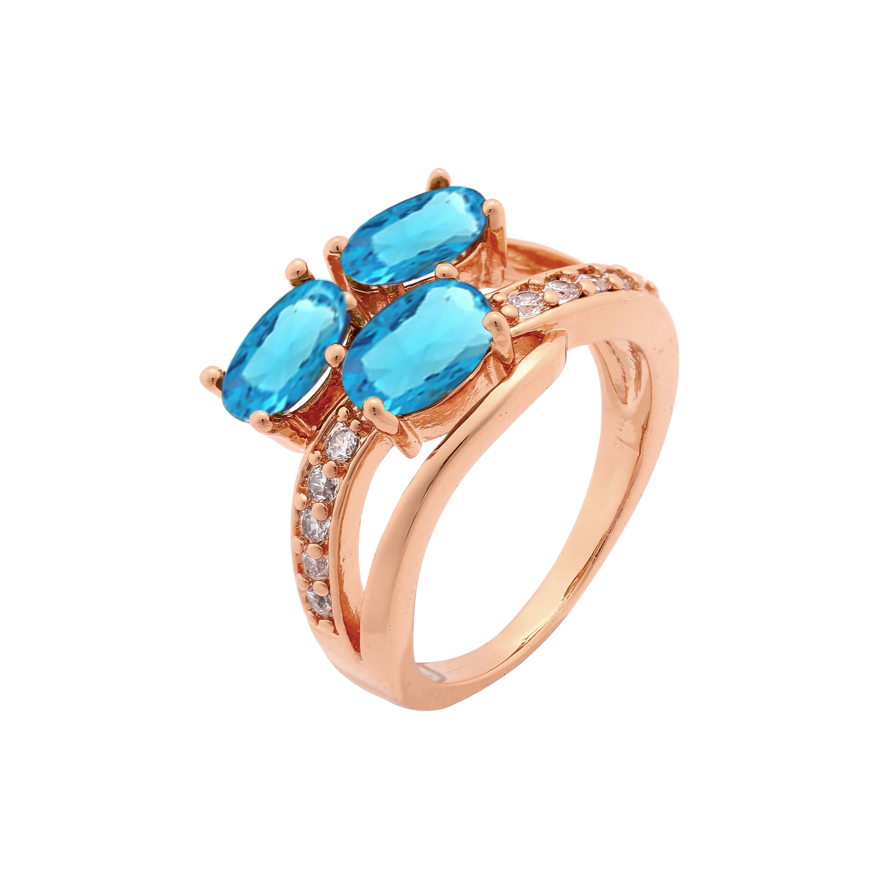 Luxuoso conjunto pavimentado de três pedras anéis de ouro rosa