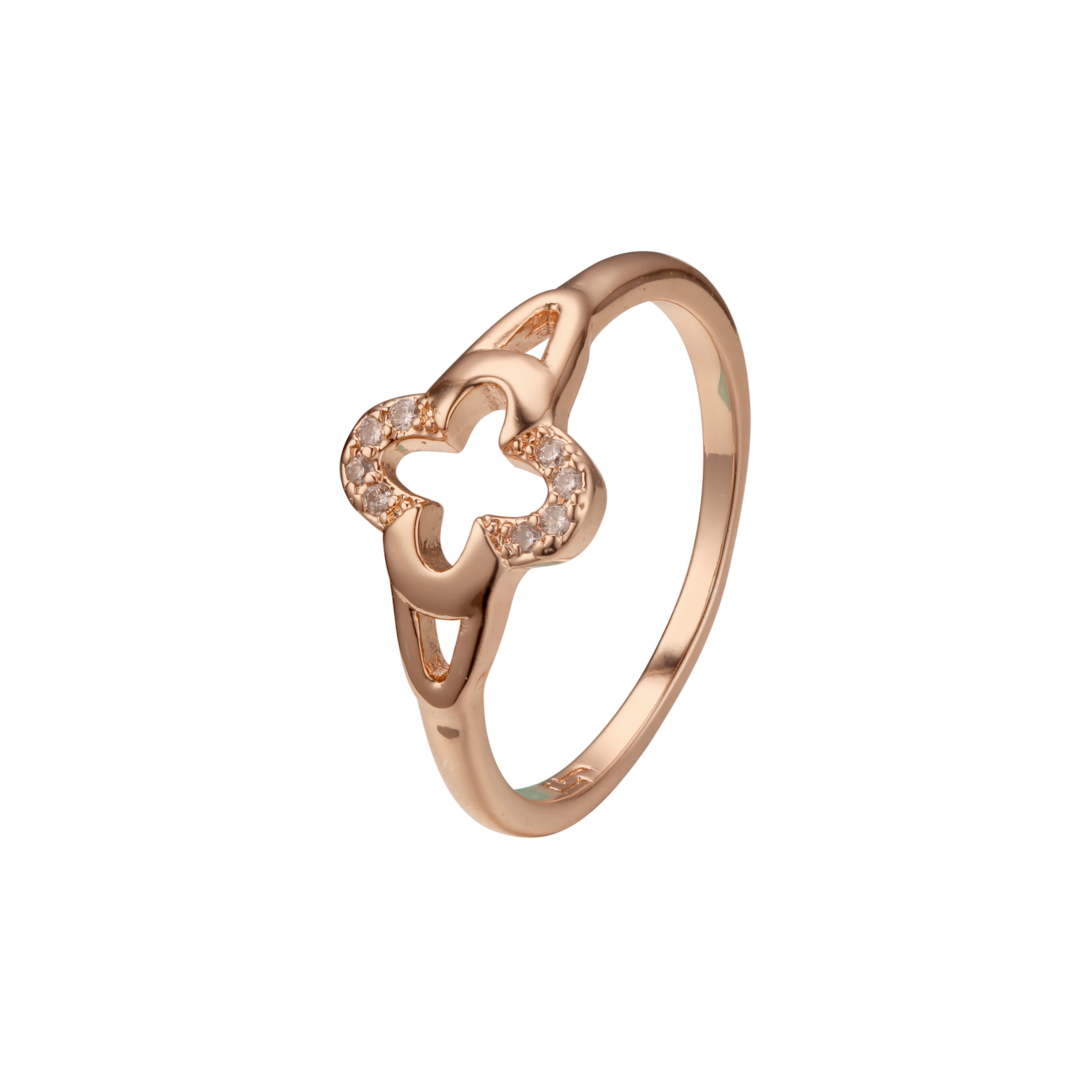 14K ゴールド、ローズゴールドメッキ色のクローバー リング