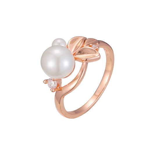 Anéis de pérolas solitários de ouro rosa com folhas