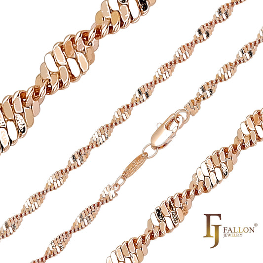 .Correntes de elos duplos singapura banhadas a ouro 14K, ouro 18K, ouro rosa, ouro branco, dois tons