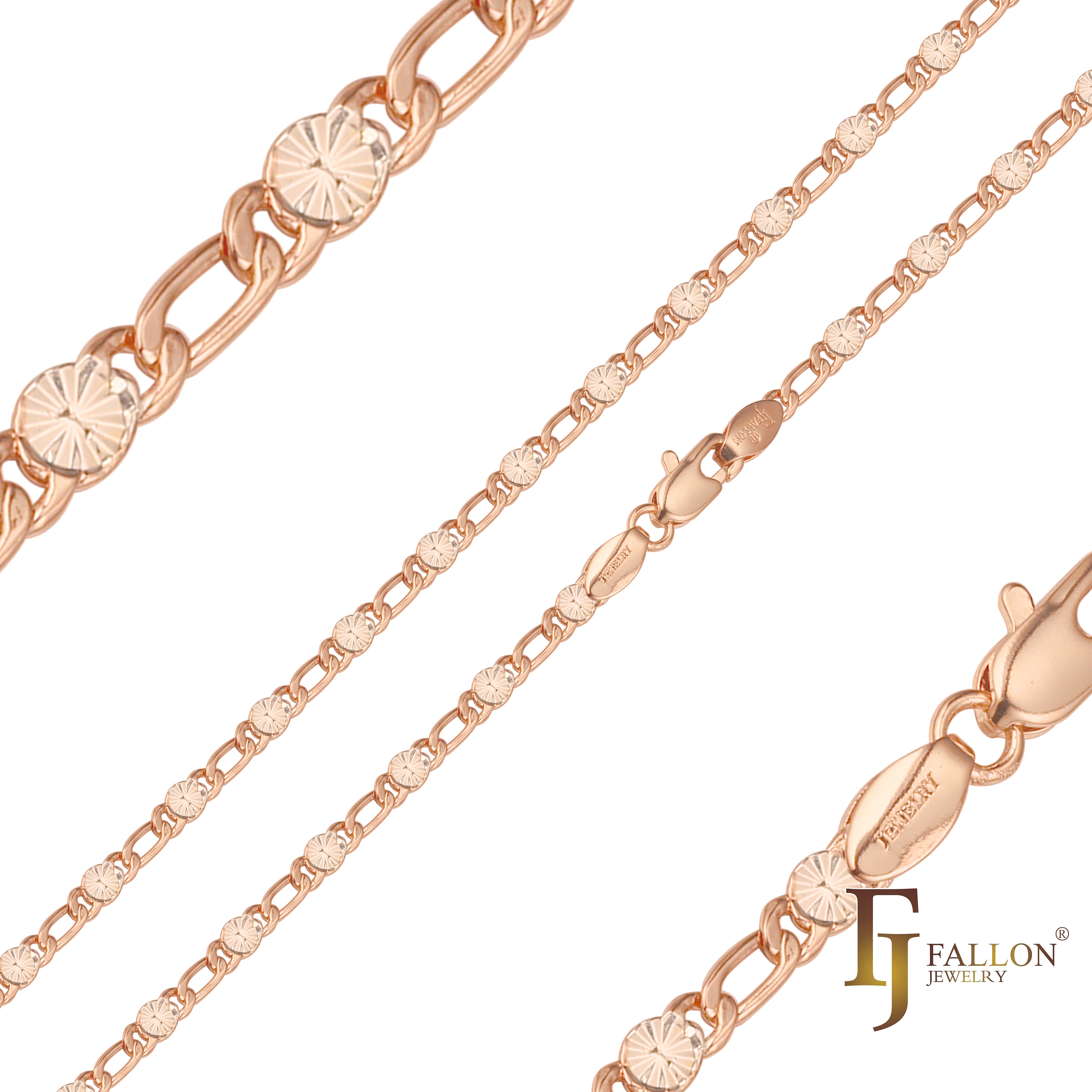 Figaro Fancy link sunburst hammered chains plated in 14K Gold, Rose Gold, two tone
