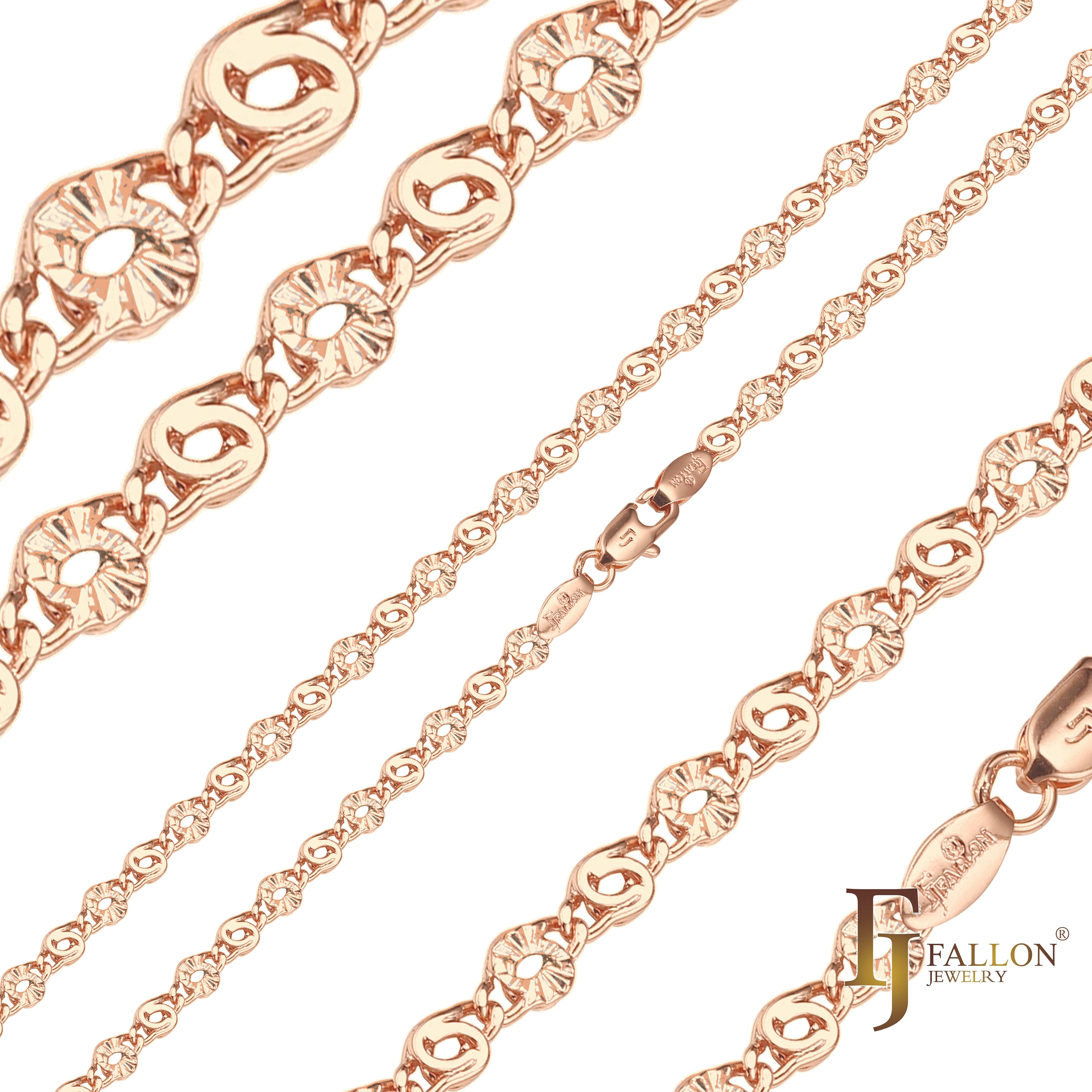 Snail keyhole link half star hammered chains plated in 14K Gold, Rose Gold, two tone