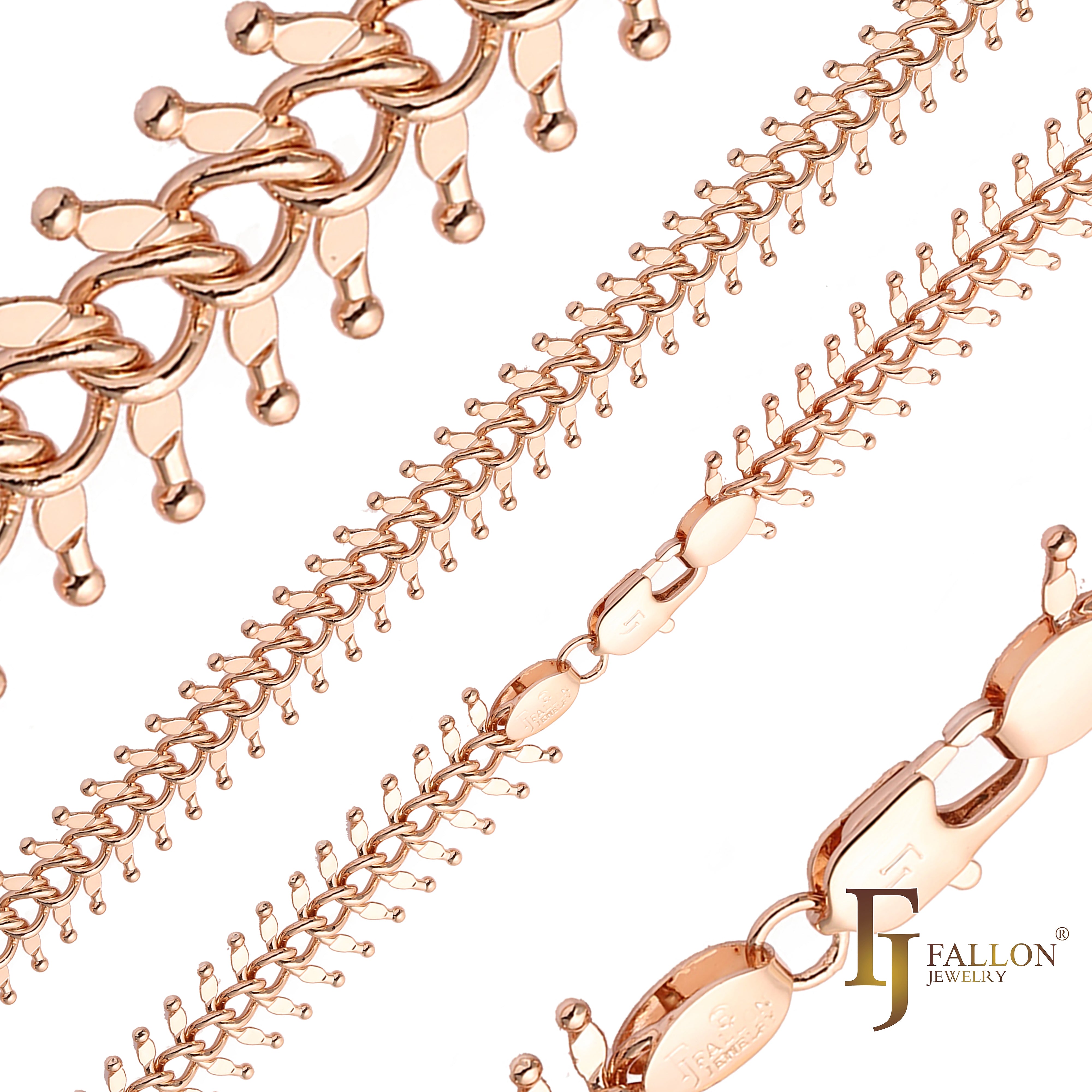 Espina de pescado, cadenas de eslabones de ciempiés chapadas en Oro 14K, oro rosa