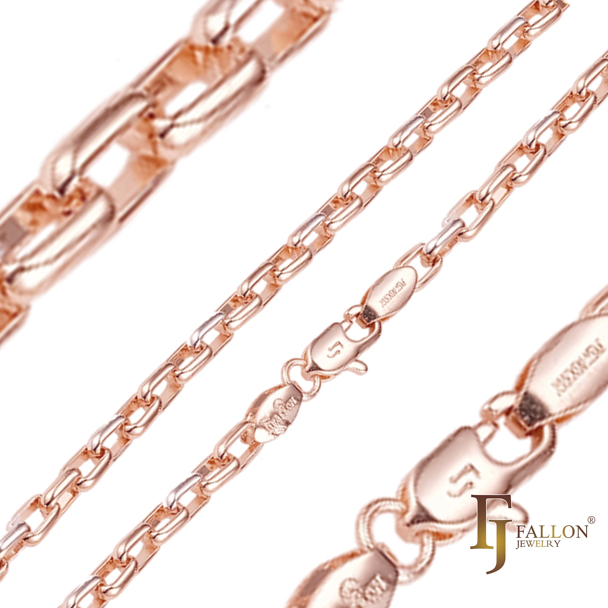Oblong rounded box link chains plated in White Gold, 18K Gold, 14K Gold, Rose Gold, two tone