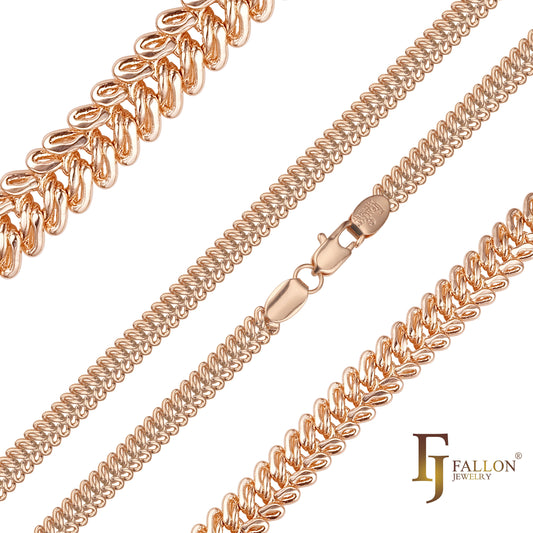 Cadenas de eslabones de triple cable de espina de pescado chapadas en Oro 14K, oro rosa, dos tonos