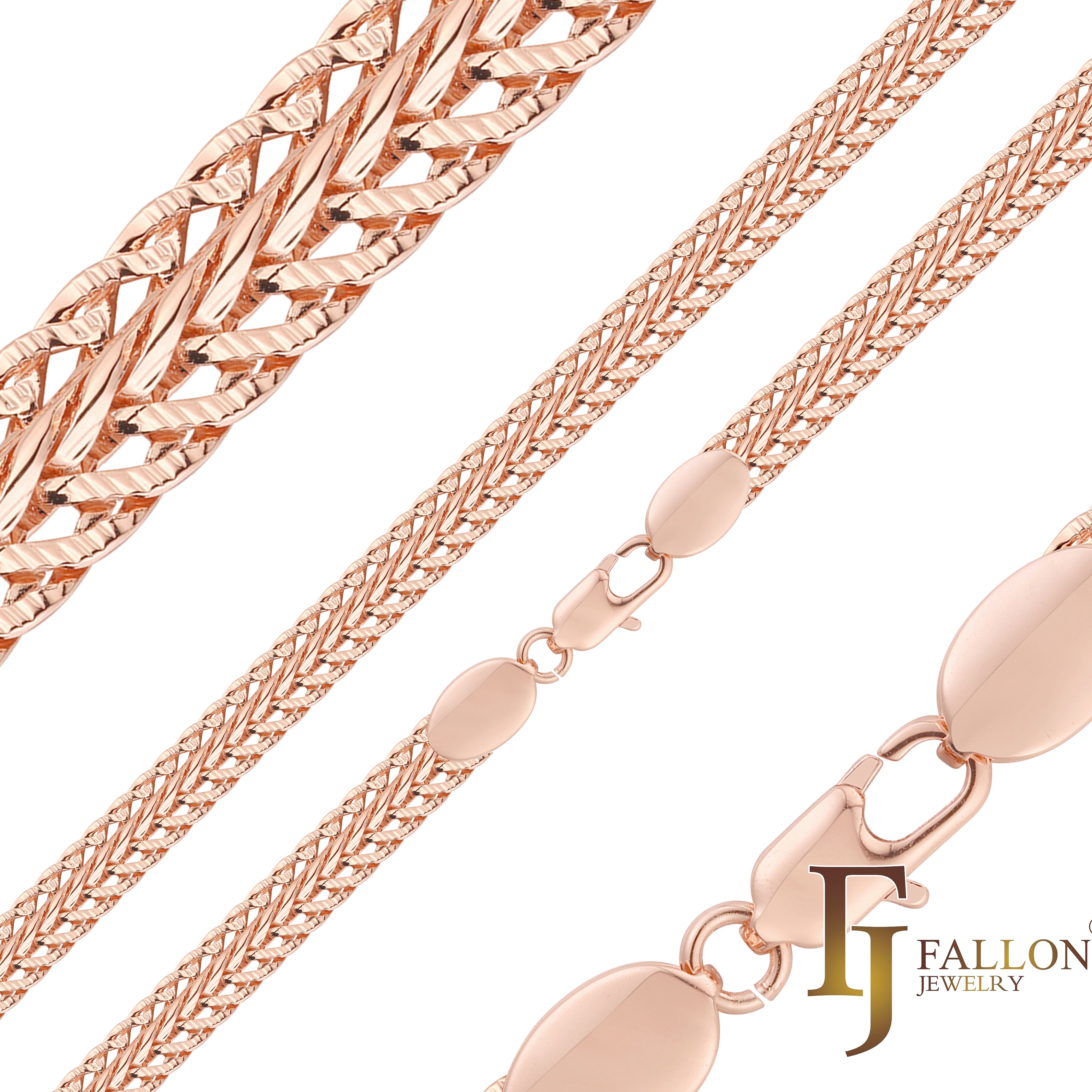 Cadenas de eslabones de cola de zorro martillados chapados en oro rosa, oro de 14 quilates y oro blanco.
