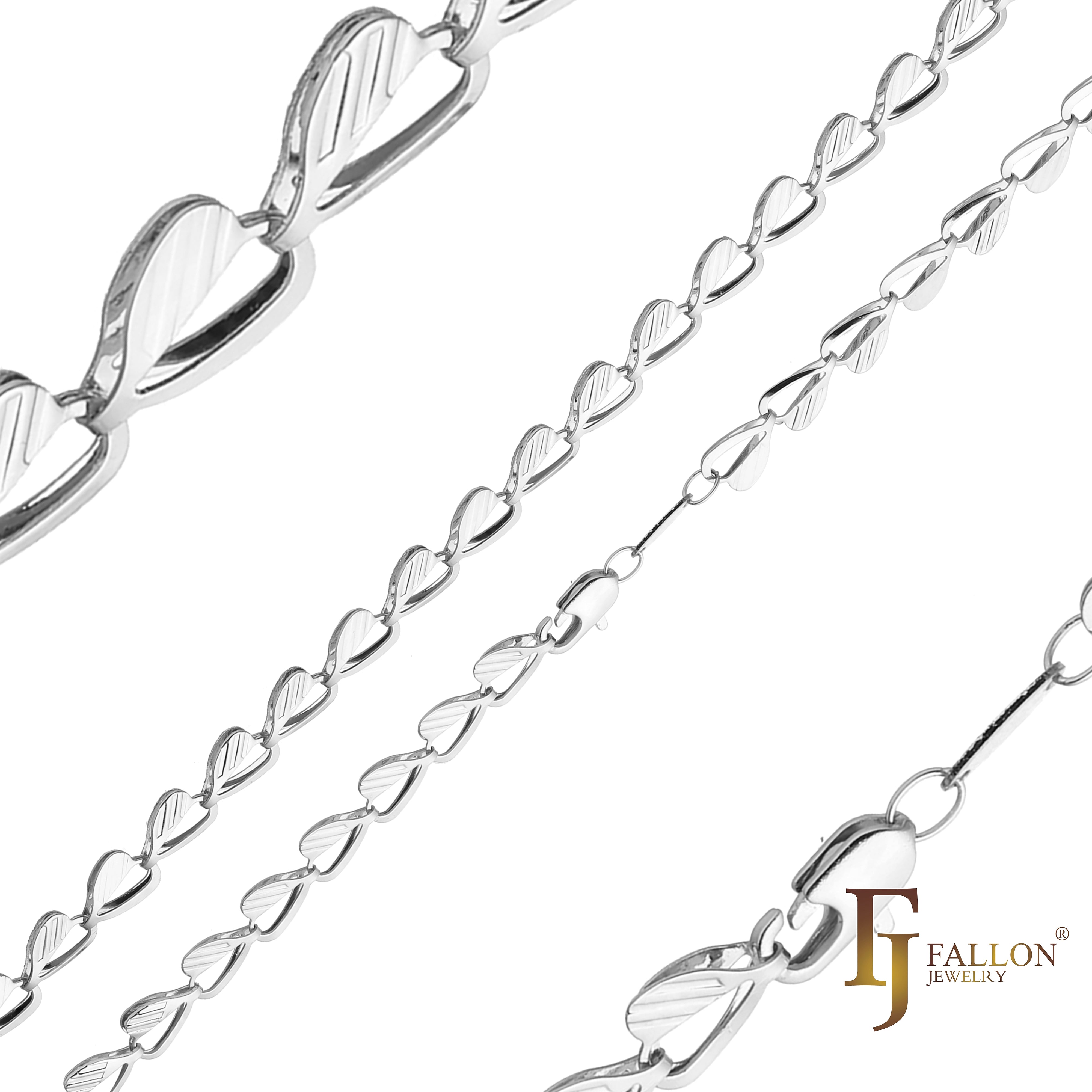 Cadenas de acero con eslabones elegantes de corazón y hojas chapadas en oro blanco, oro de 14 quilates, oro rosa, dos tonos