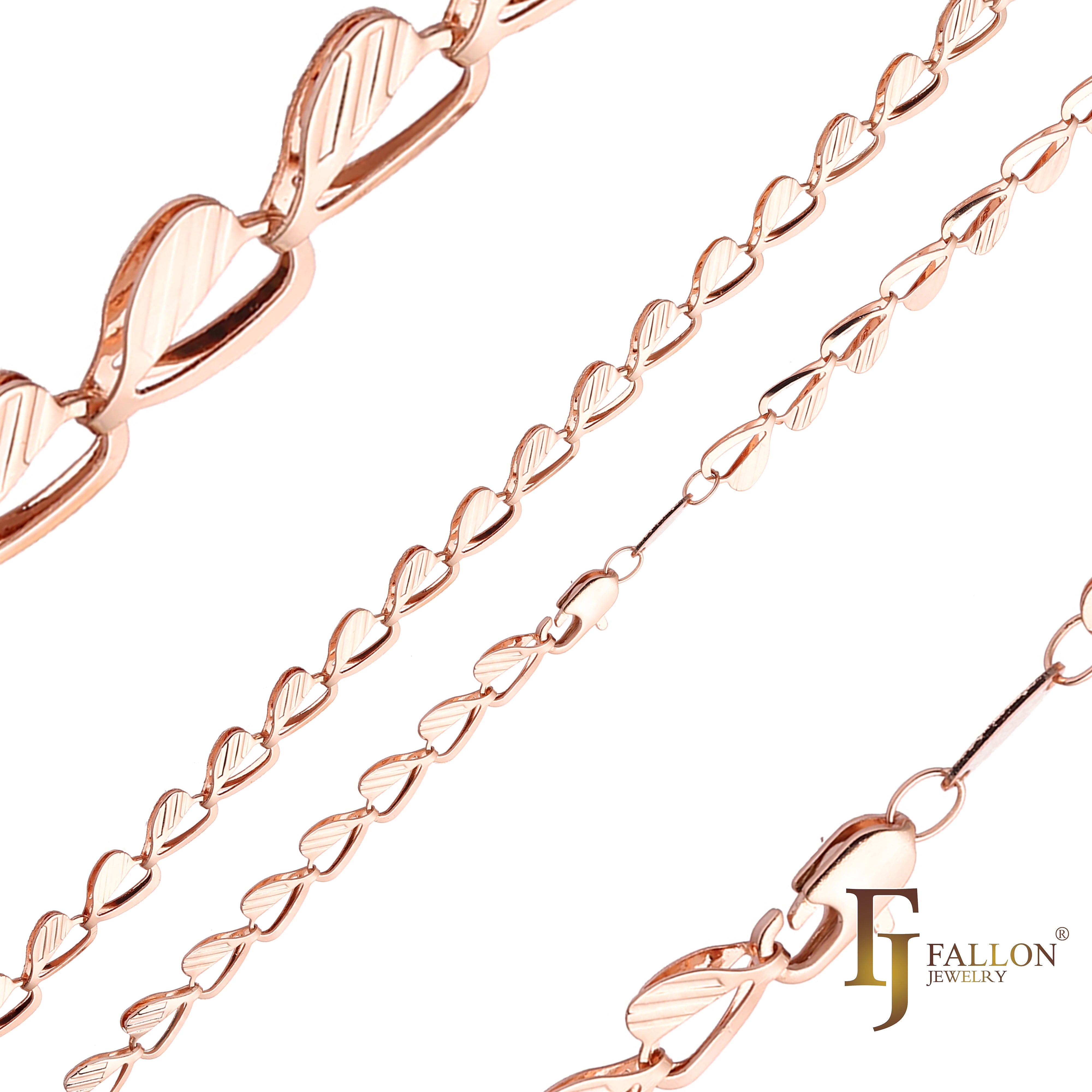 Cadenas de acero con eslabones elegantes de corazón y hojas chapadas en oro blanco, oro de 14 quilates, oro rosa, dos tonos