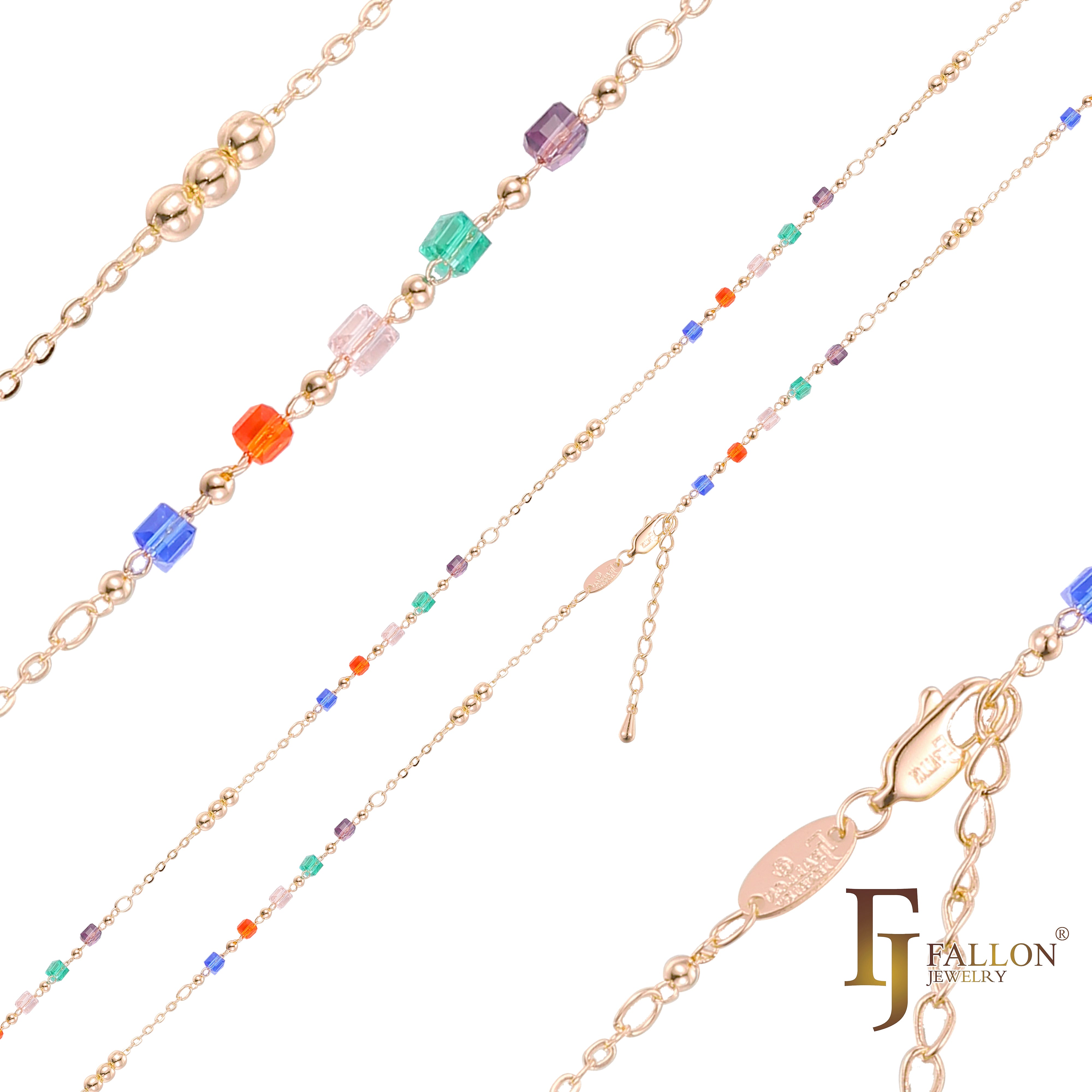 Tobillera con eslabones de cuentas y cubos de colores, chapada en Oro 14K, oro rosa