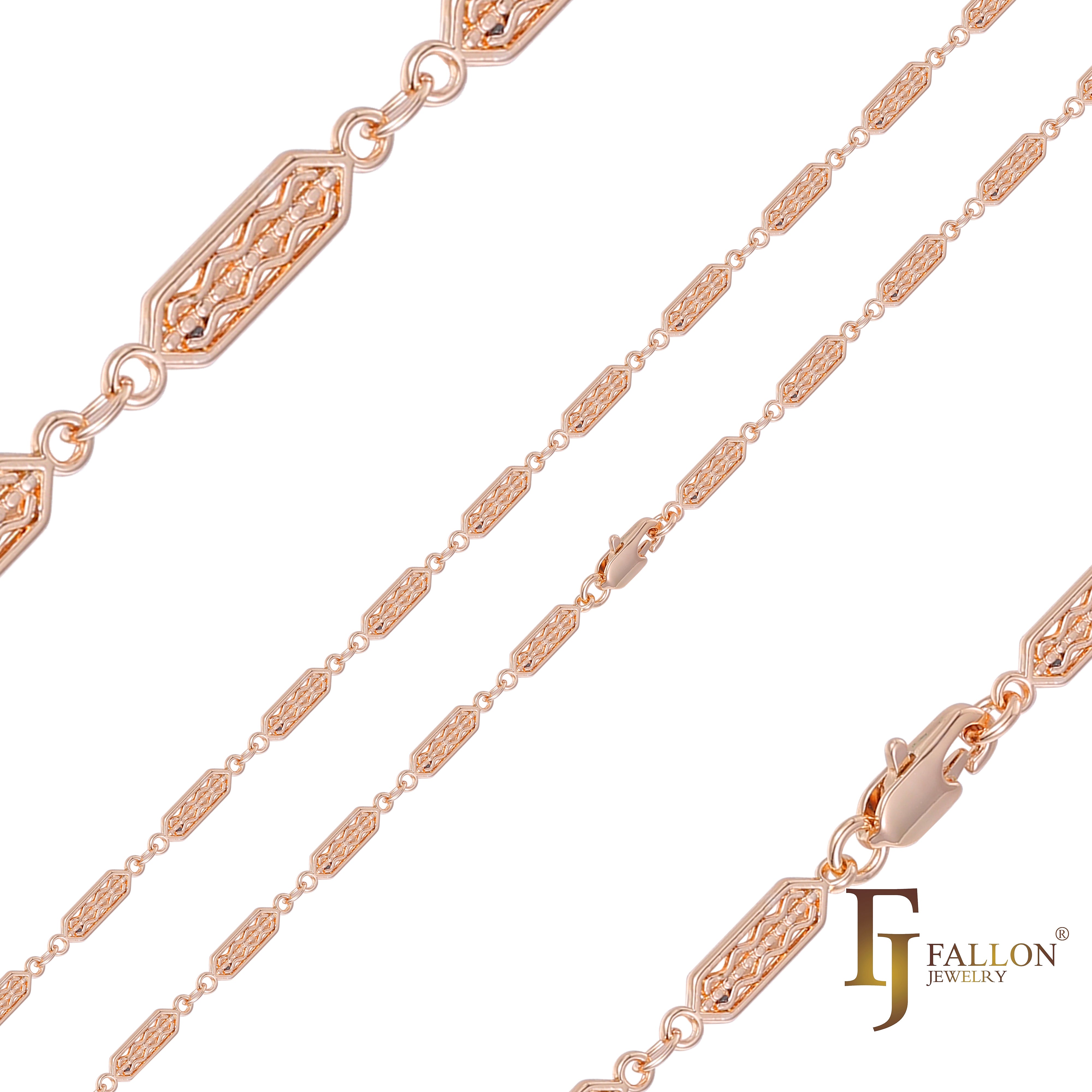 Cadenas de oro rosa con eslabones elegantes con textura hexagonal alargada